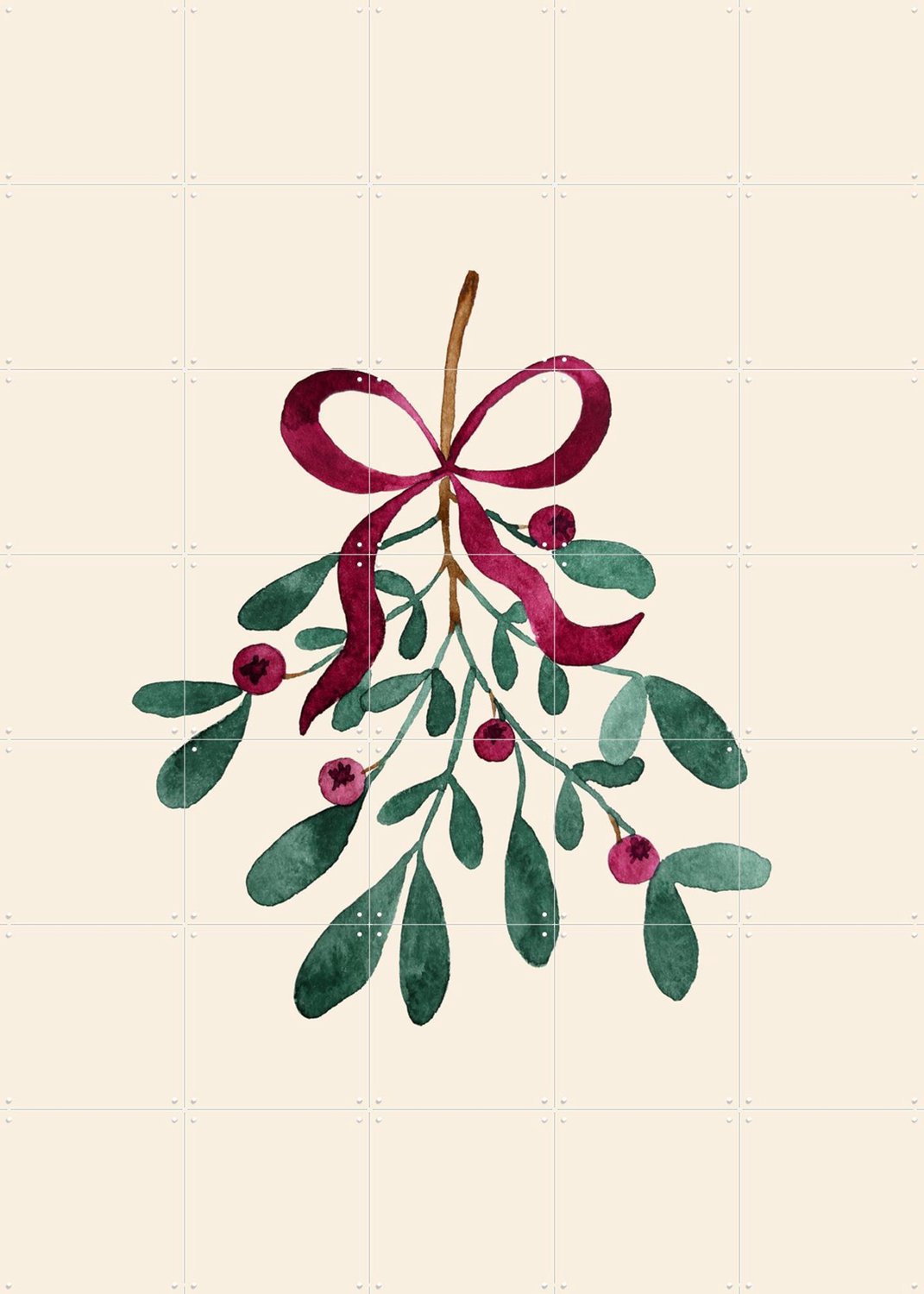 IXXI Winter Berry Mistletoe, Palmartprints - 100 x 140 cm - Grote wanddecoratie en posters - Illustraties, Aquarel, Trap, Woonkamer, Gang, Kerst Beige