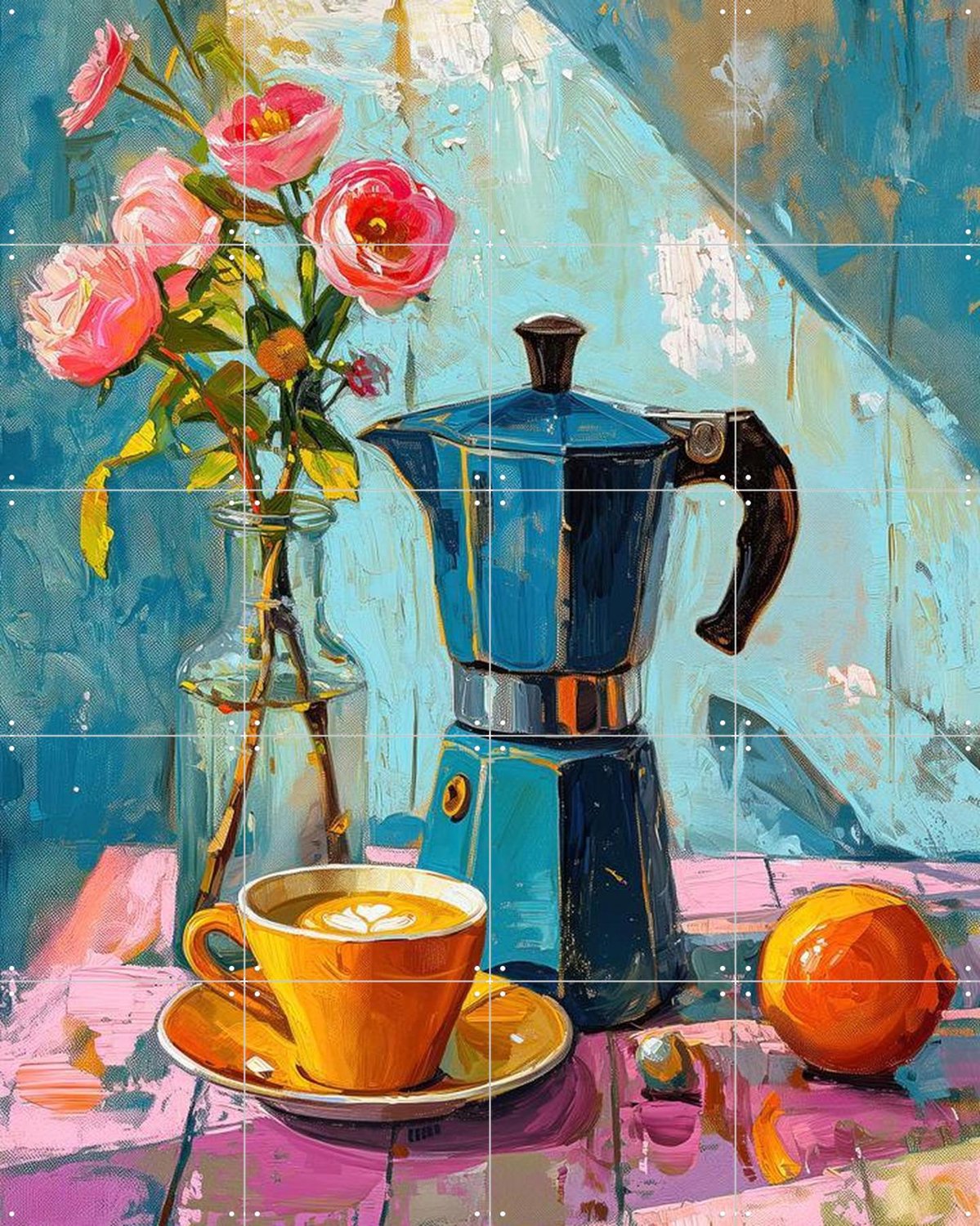 IXXI Painting of an Espresso Coffee Pot, OTTI - 80 x 100 cm - Grote wanddecoratie en posters - Kwaststreken, Olieverf, Modern, Kleurrijk, Eetkamer Blauw