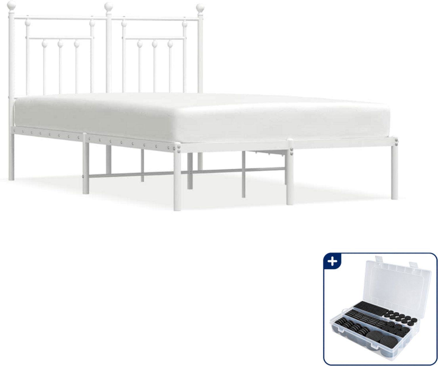 vidaXL bedframe met hoofdbord - 120 x 200 cm - staal - wit - Inclusief antikrasvilt 177-delig