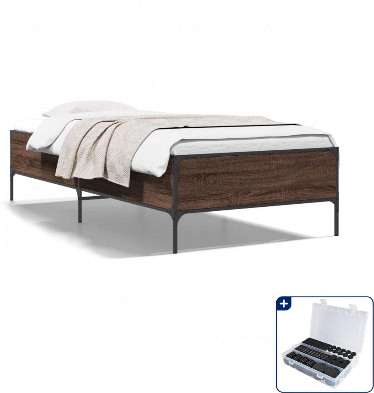 vidaXL bedframe - 90 x 200 cm - bewerkt hout en metaal - bruineiken - Inclusief antikrasvilt 177-delig