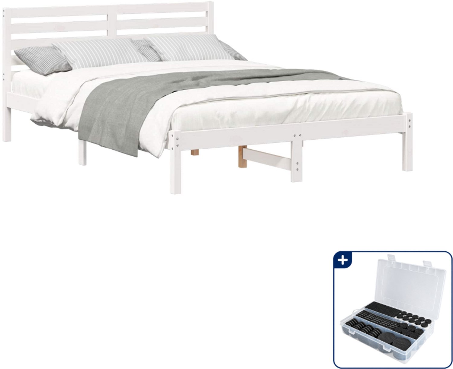 vidaXL Bedframe met hoofdeinde - Small double - 140 x 210 cm - wit - Inclusief antikrasvilt 177-delig