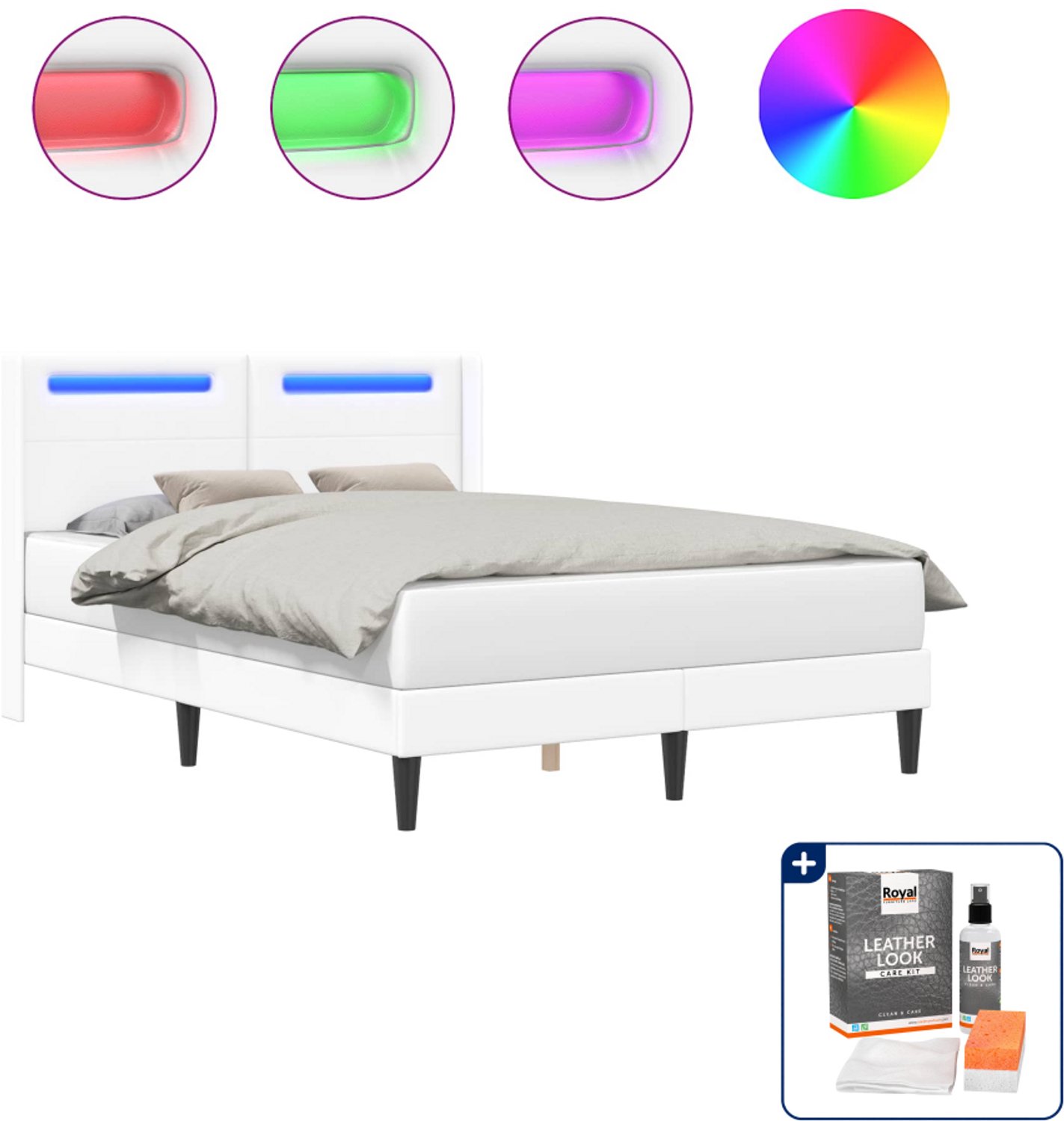 vidaXL bedframe met LED - 140 x 190 cm - kunstleer - wit - Inclusief onderhoudsset voor kunstleer 150 ml
