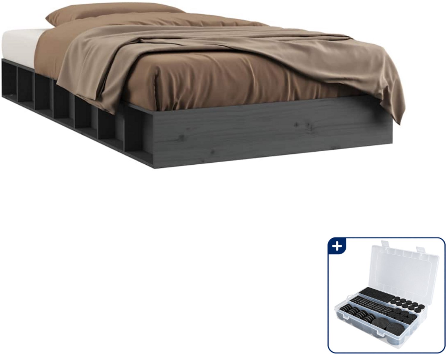 vidaXL bedframe - 75 x 190 cm - massief grenenhout - grijs - Inclusief antikrasvilt 177-delig