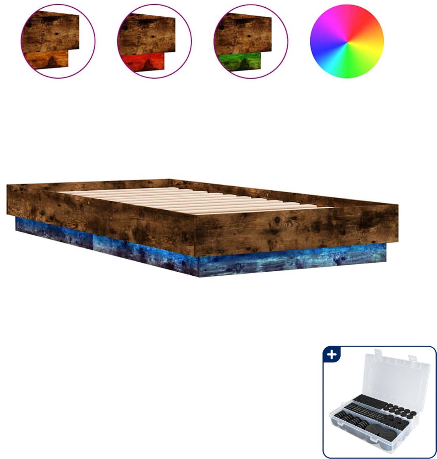 vidaXL bedframe met LED - 75 x 190 cm - gerookt eiken - Inclusief antikrasvilt 177-delig Bruin