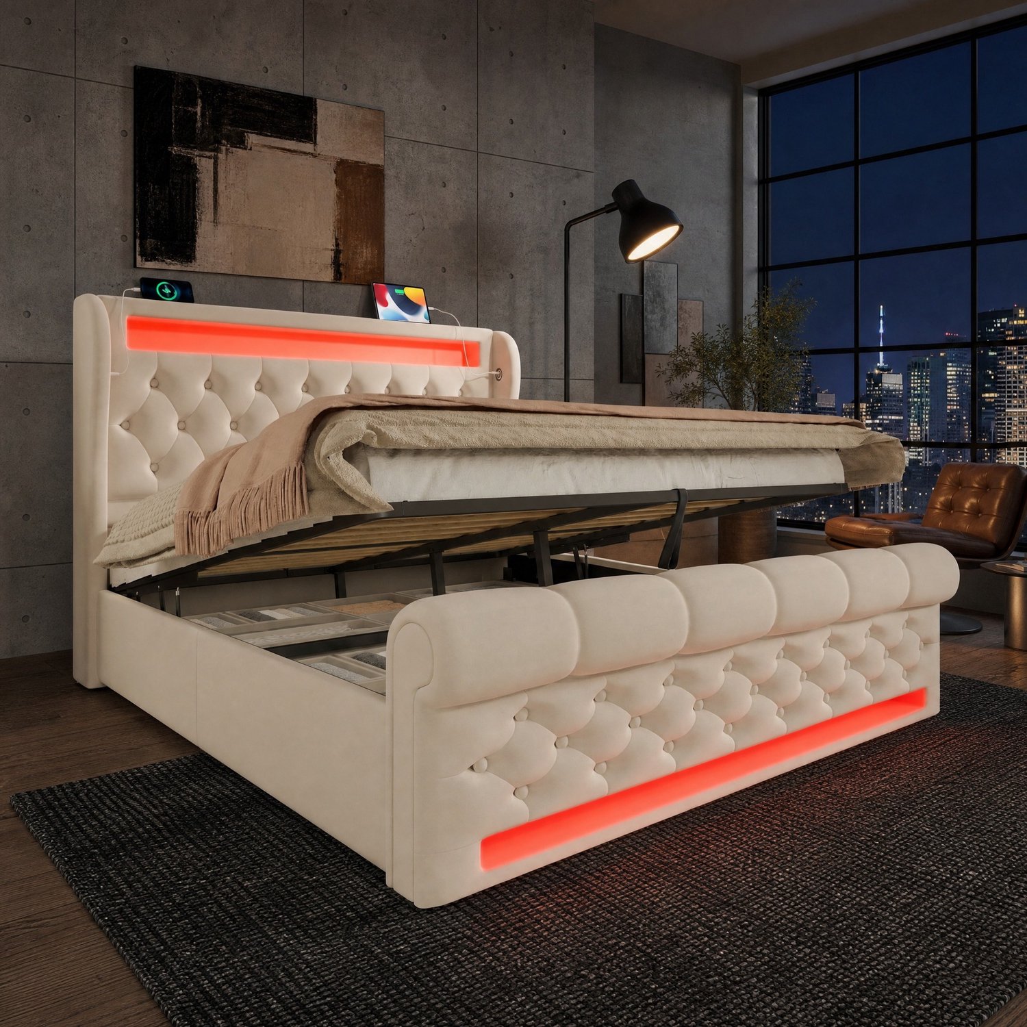 Maisentiel Gestoffeerd bed 140 x 200 cm met opbergruimte, LED en USB-C - beige fluweel