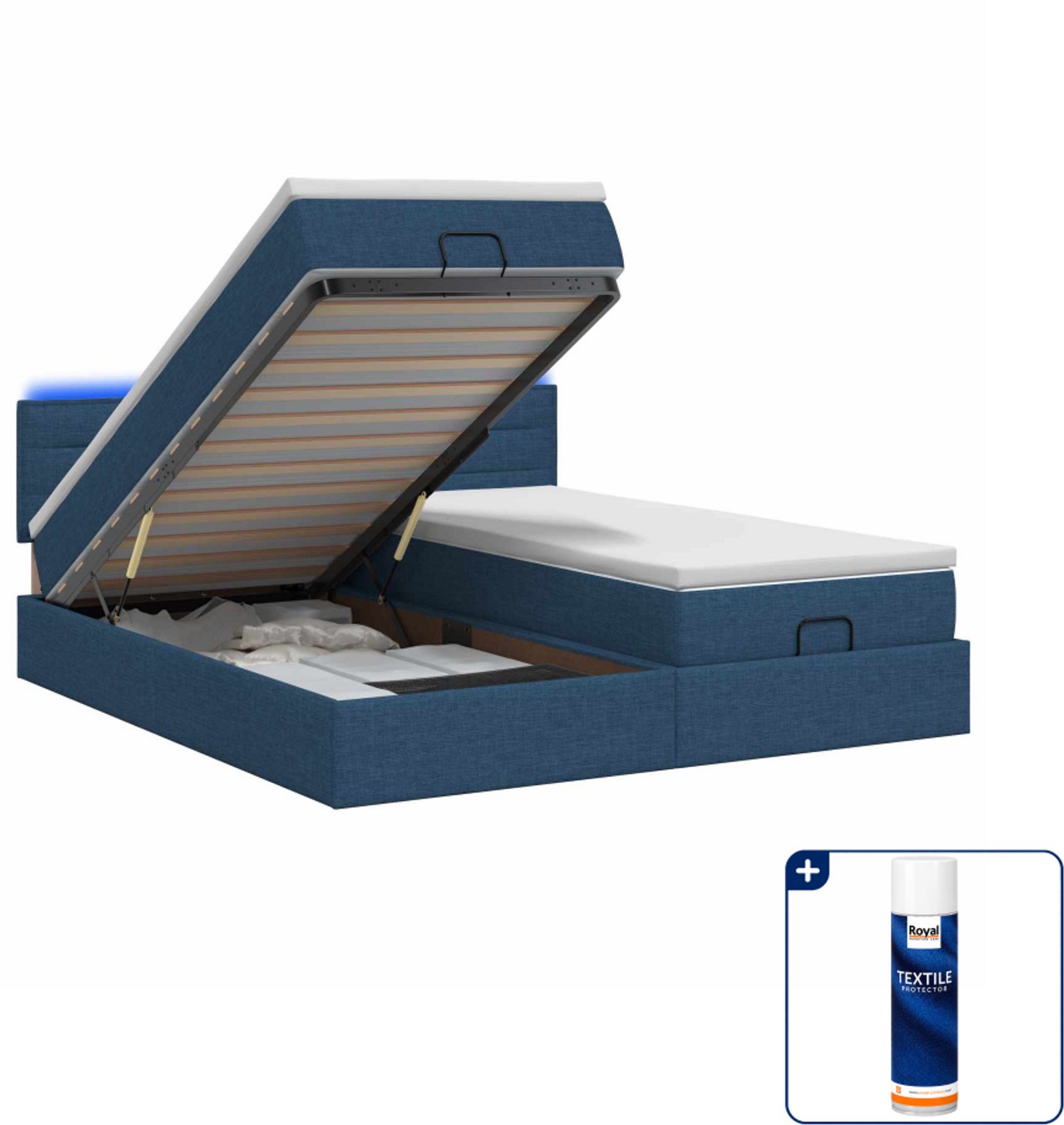 vidaXL Kingsize ottoman bed met matras en led - 180 x 200 cm - blauw - Inclusief textielbeschermer 500 ml