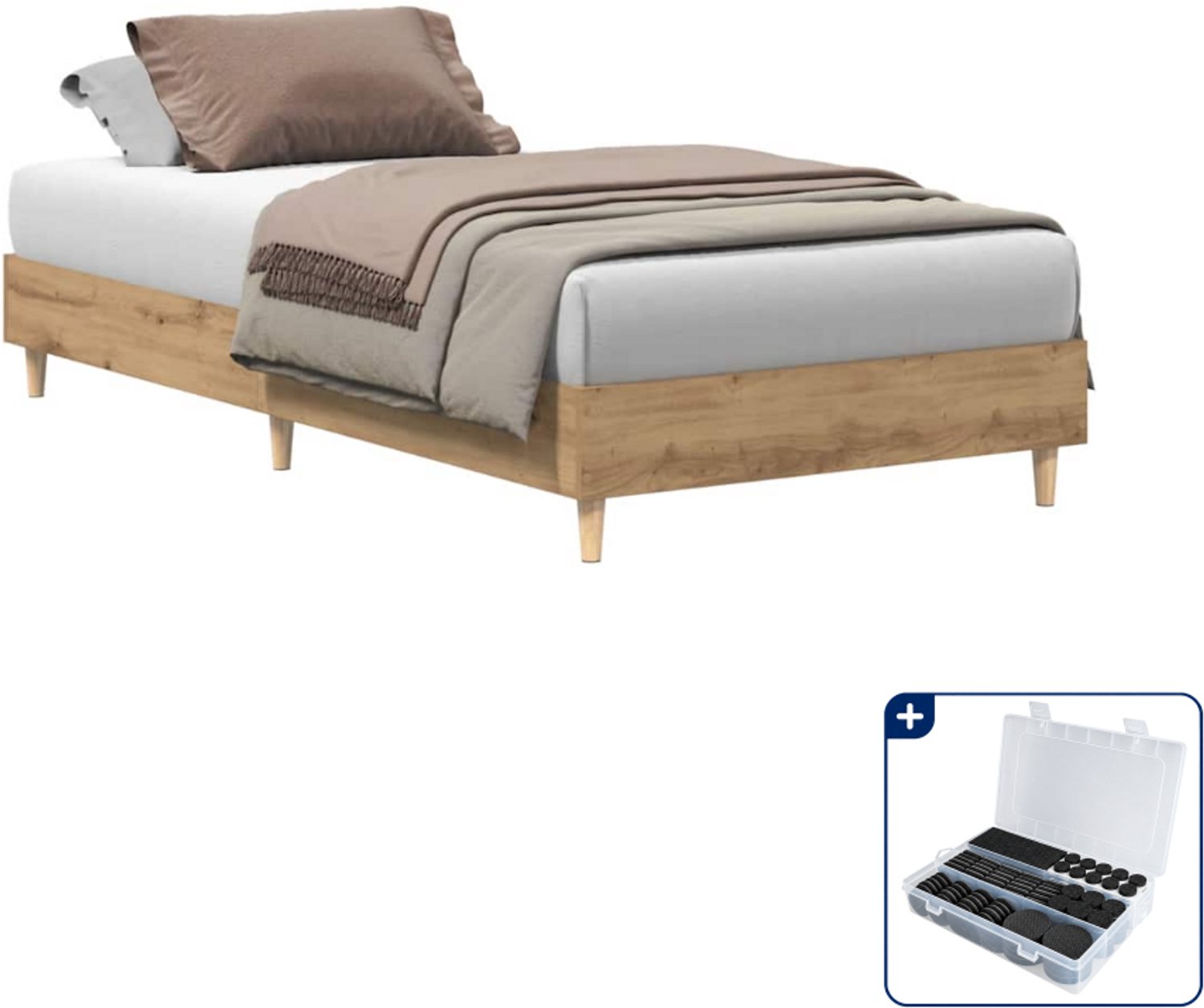 vidaXL bedframe - 75 x 190 cm - bewerkt hout - artisan eiken - Inclusief antikrasvilt 177-delig