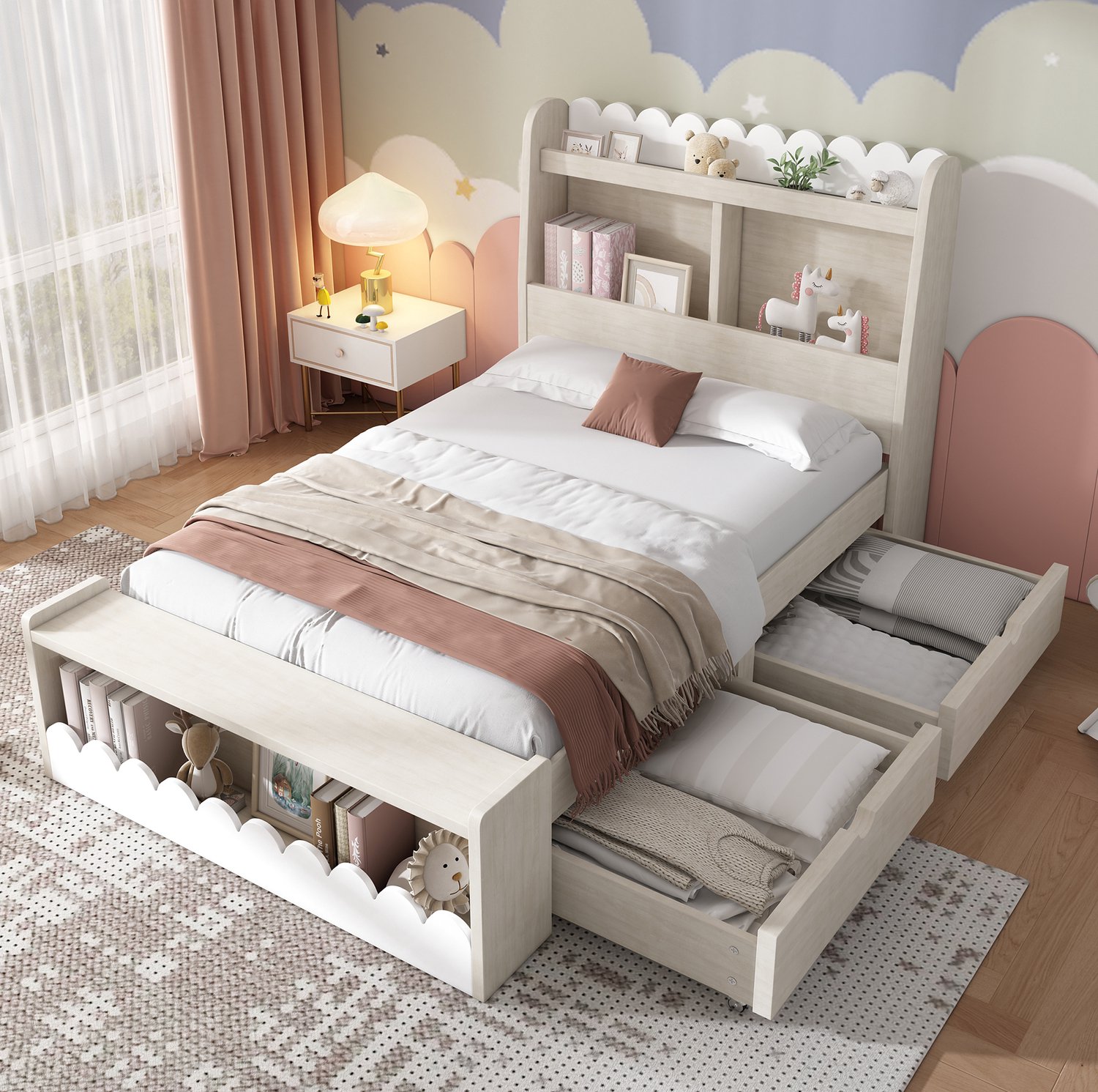 Maisentiel Kinderbed 90 x 200 cm met lades en opbergruimte - wit en eikenkleur