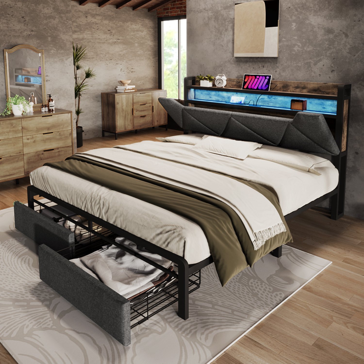 Maisentiel Gestoffeerd bed 160 x 200 cm - grijs - opbergruimte, lades, LED en USB-C