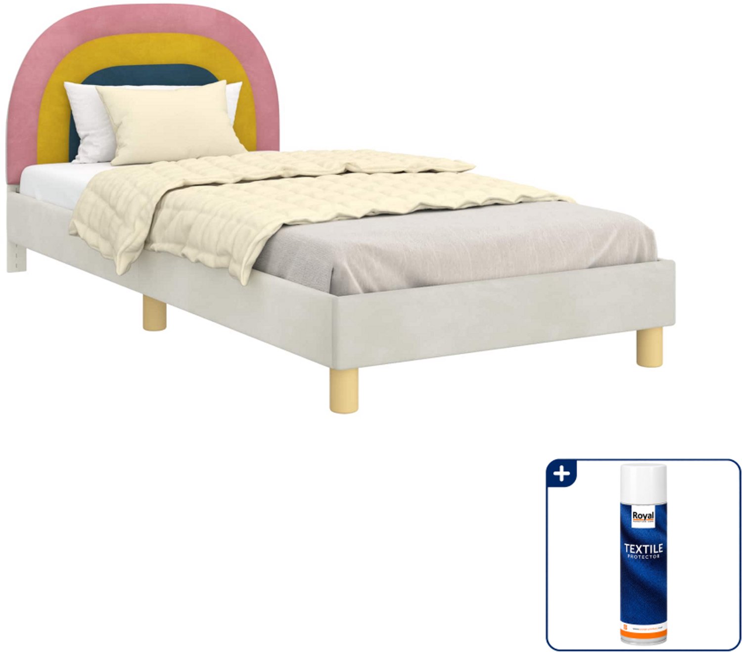 vidaXL kinderbedframe - 80 x 200 cm - bewerkt hout - crèmekleurig - Inclusief textielbeschermer 500 ml