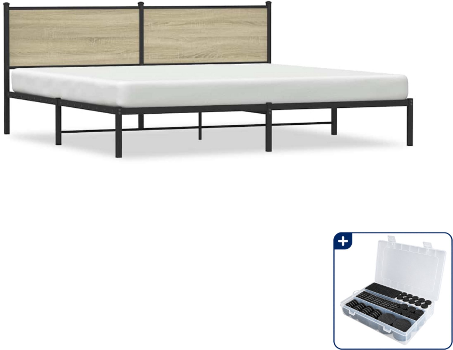 vidaXL bedframe - 193 x 203 cm - staal en bewerkt hout - sonoma eiken - Inclusief antikrasvilt 177-delig Bruin