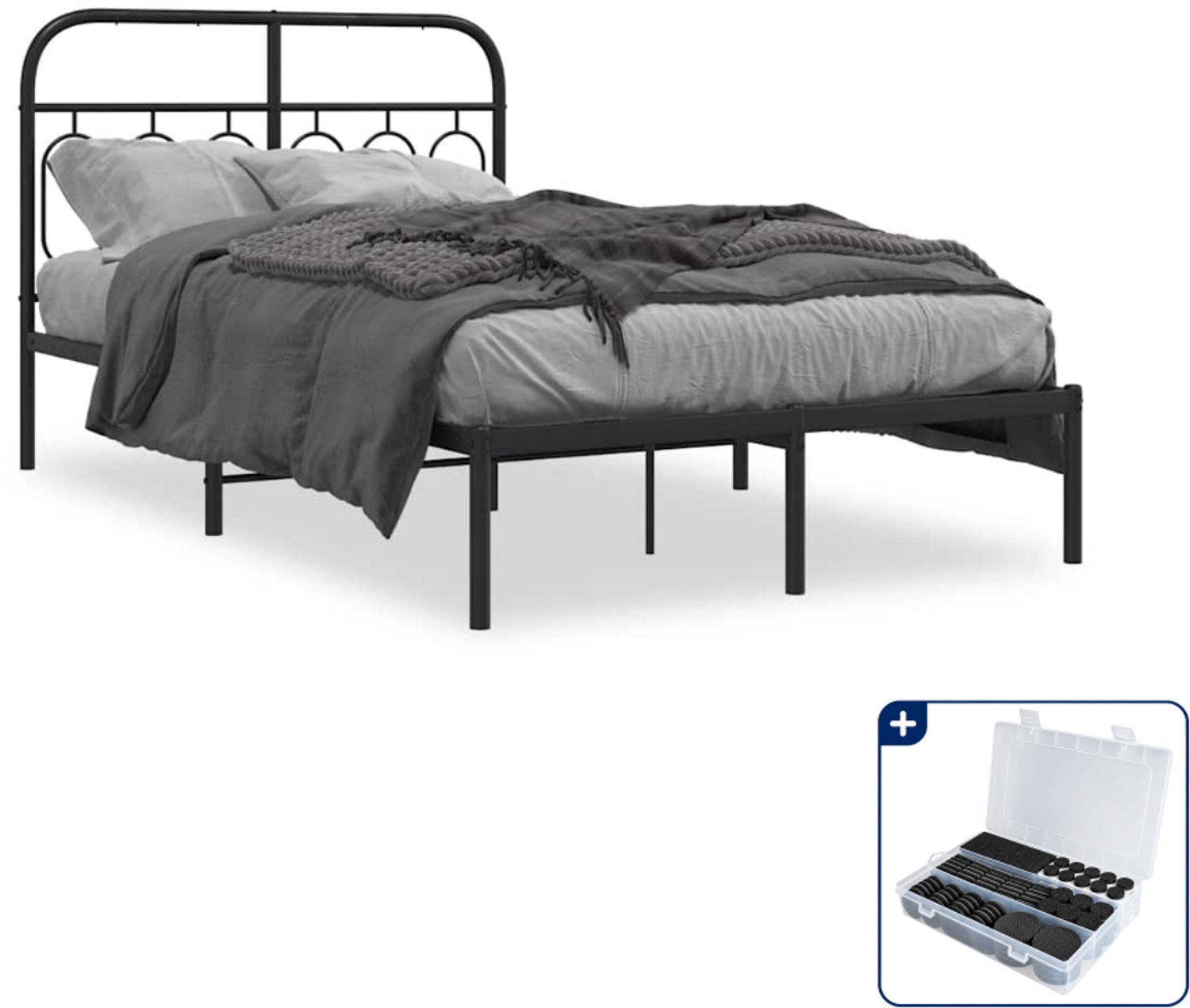 vidaXL bedframe met hoofdbord - 120 x 200 cm - staal - zwart - Inclusief antikrasvilt 177-delig