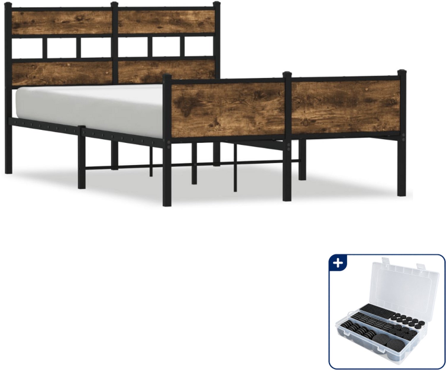 vidaXL bedframe - 120 x 190 cm - staal - gerookt eiken - Inclusief antikrasvilt 177-delig Bruin