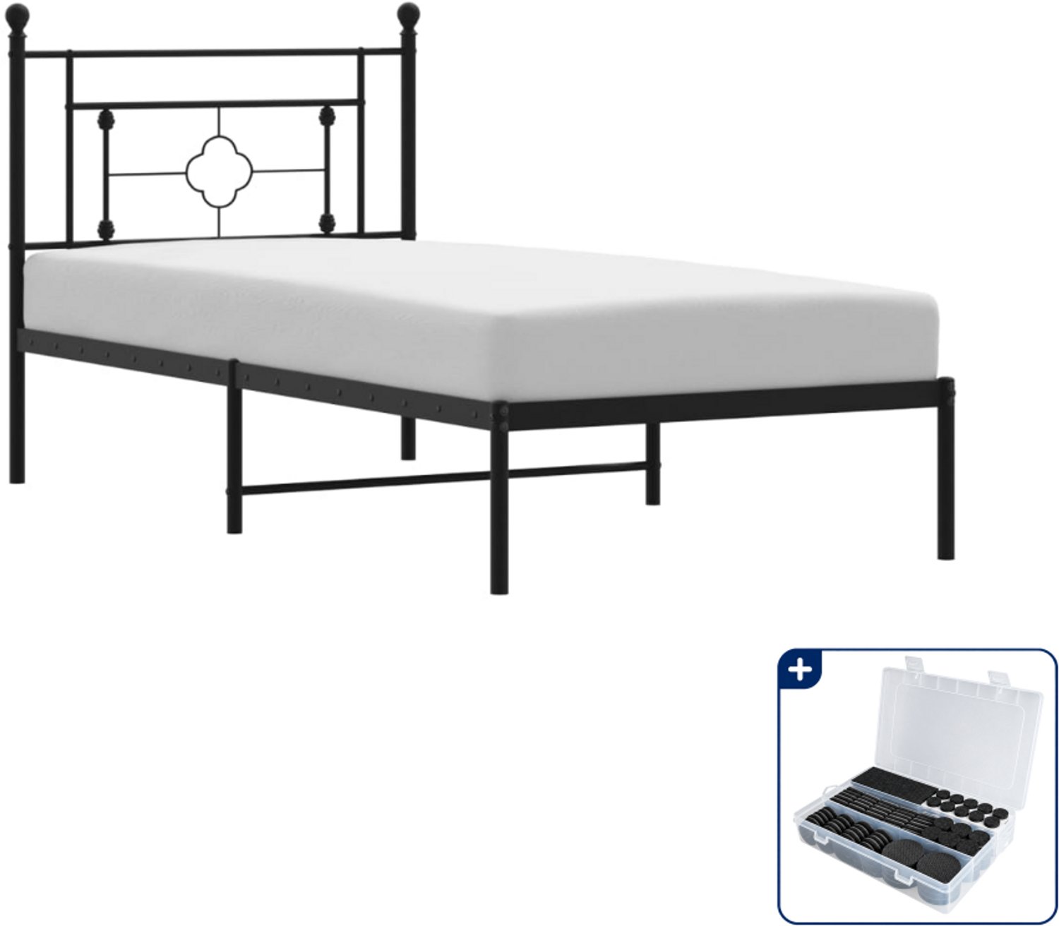 vidaXL bedframe met hoofdbord - 90 x 190 cm - staal - zwart - Inclusief antikrasvilt 177-delig