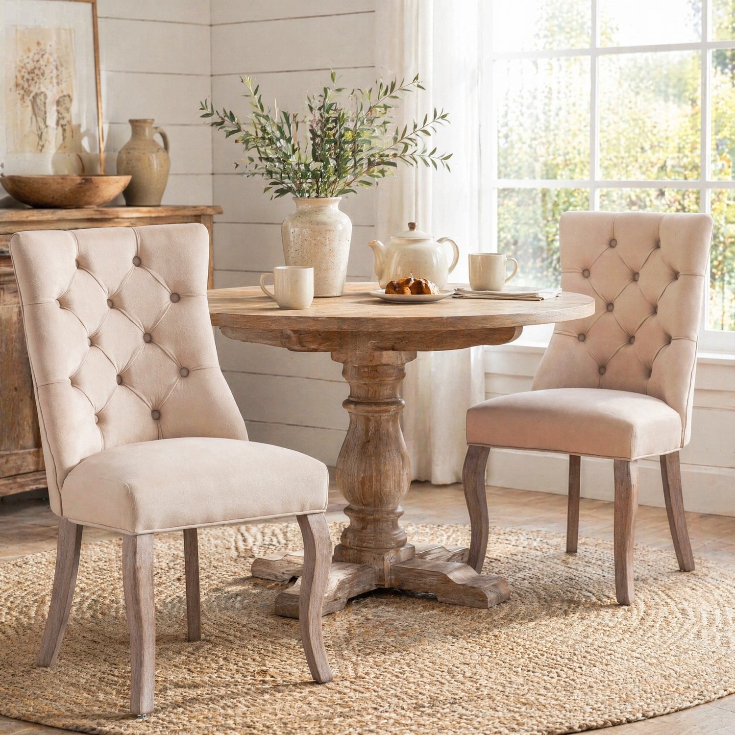Maisentiel Eetkamerstoelen set van 2 – beige velvet, hoge gecapitonneerde rugleuning en houten poten