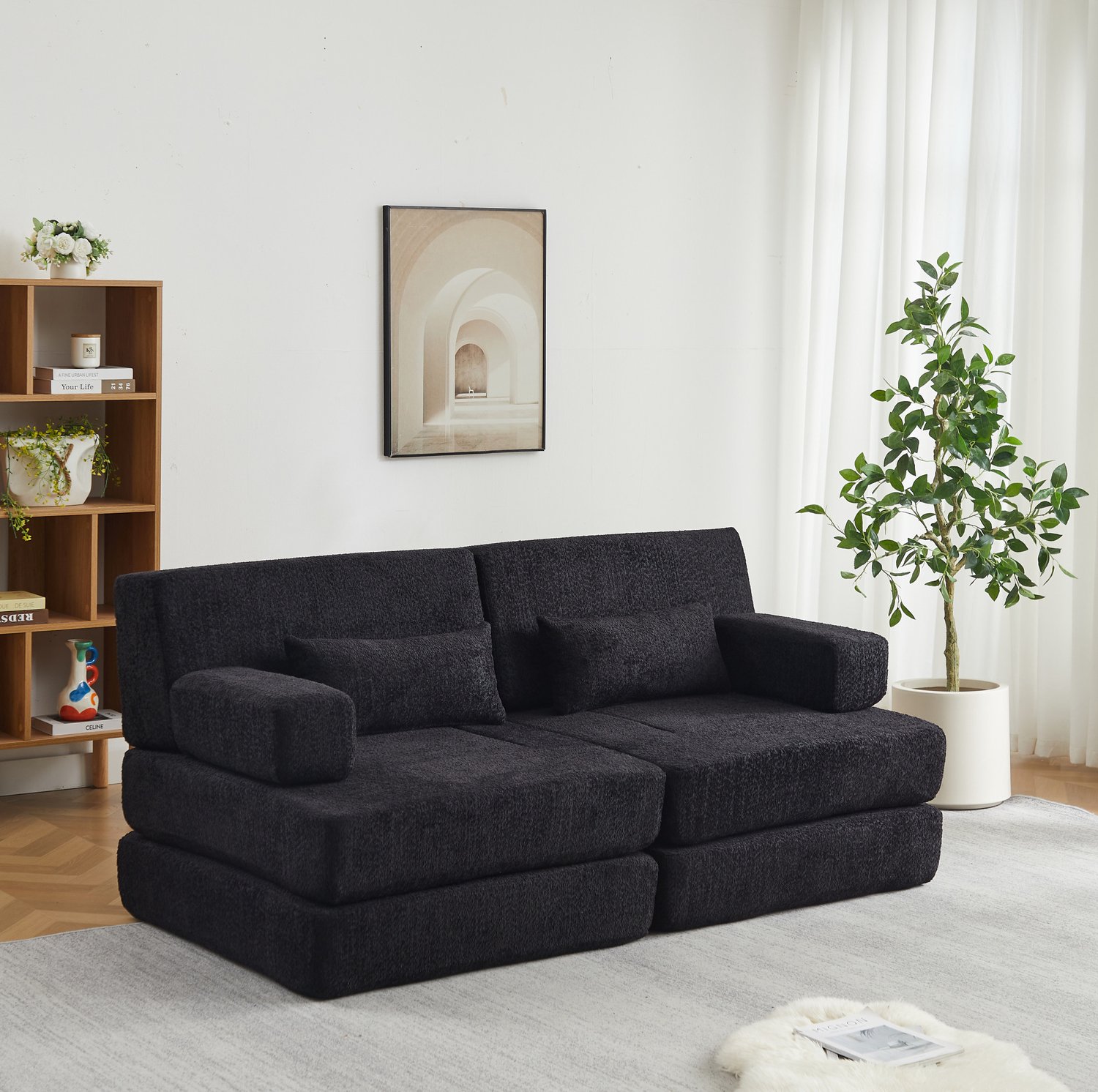 STILVORA Slaapbank 182 x 90 x 80 cm - Modulair en Omvormbaar tot Bed - Voor Woonkamer, Slaapkamer en Kantoor - Chenille - Zwart