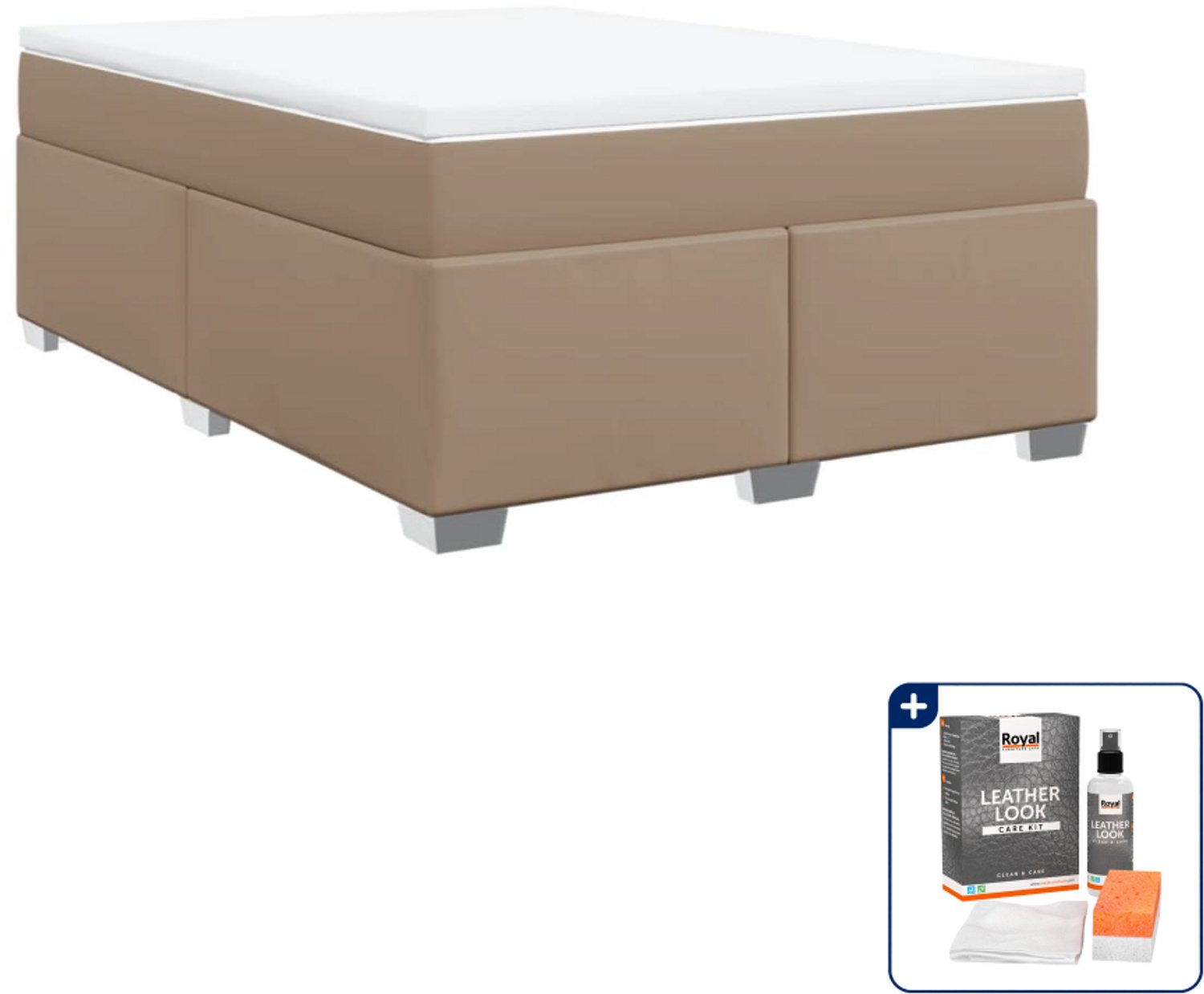 vidaXL boxspring met matras - Small double - 140 x 200 cm - cappuccino - Inclusief onderhoudsset voor kunstleer 150 ml Bruin