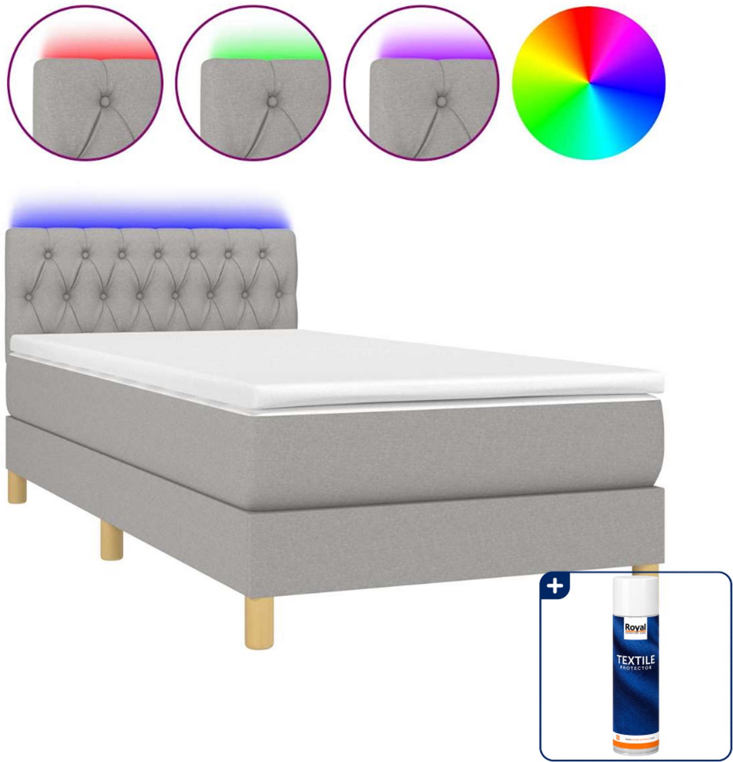 vidaXL boxspring met matras en LED - 90 x 190 cm - lichtgrijs - Inclusief textielbeschermer 500 ml