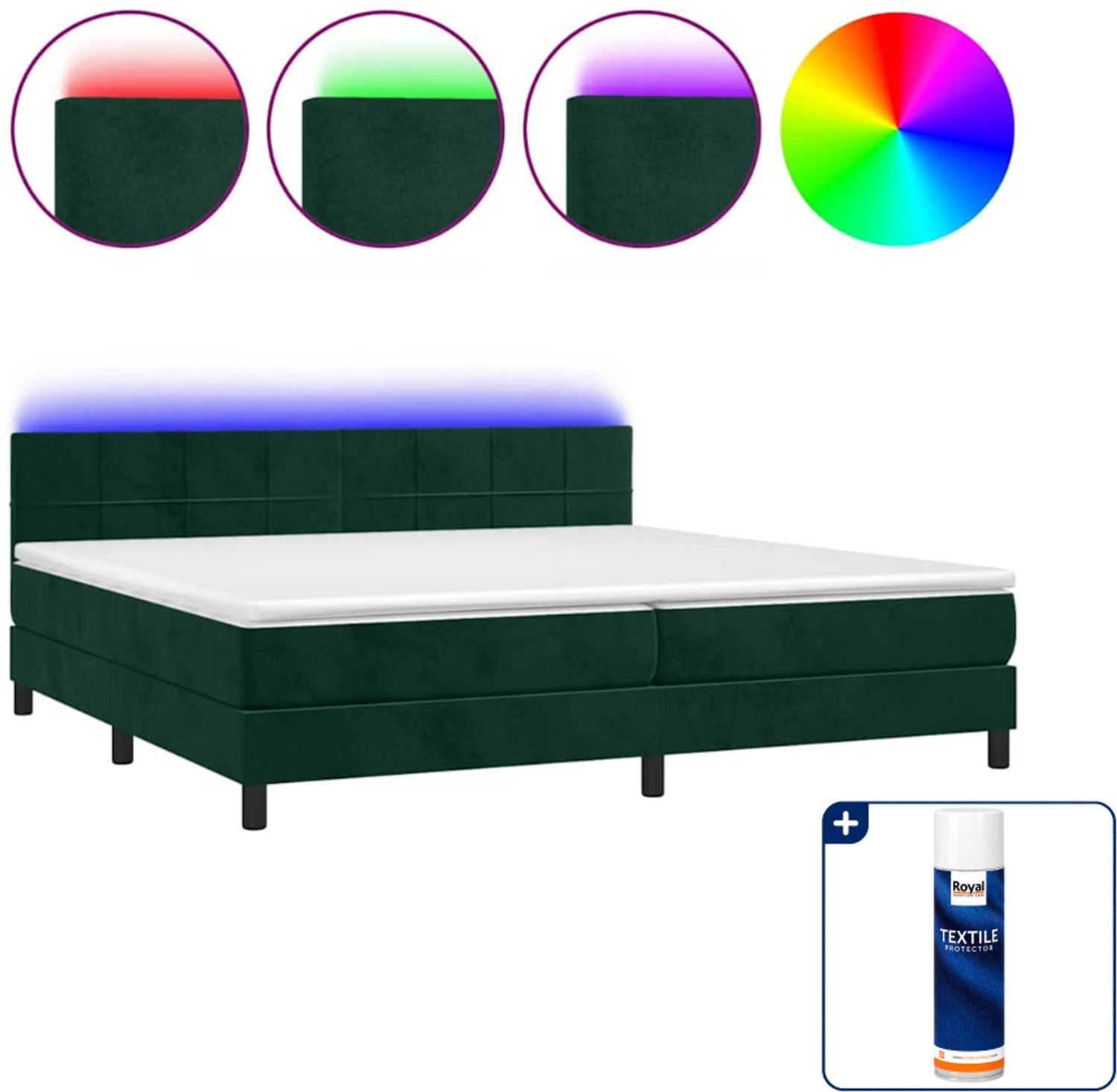 vidaXL boxspring met matras en LED - 200 x 200 cm - fluweel - donkergroen - Inclusief textielbeschermer 500 ml