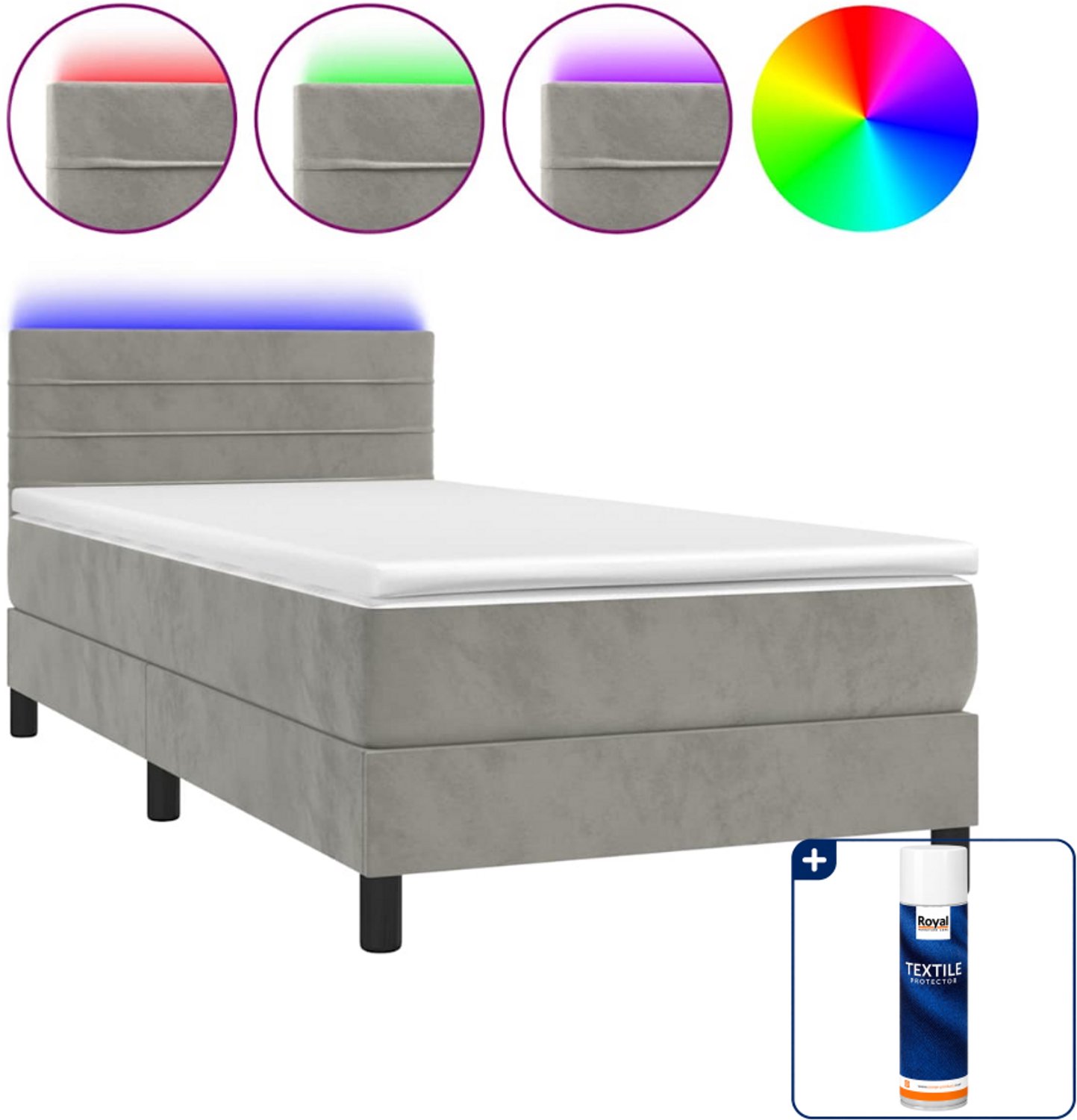 vidaXL boxspring met matras en LED - 100 x 200 cm - fluweel - lichtgrijs - Inclusief textielbeschermer 500 ml