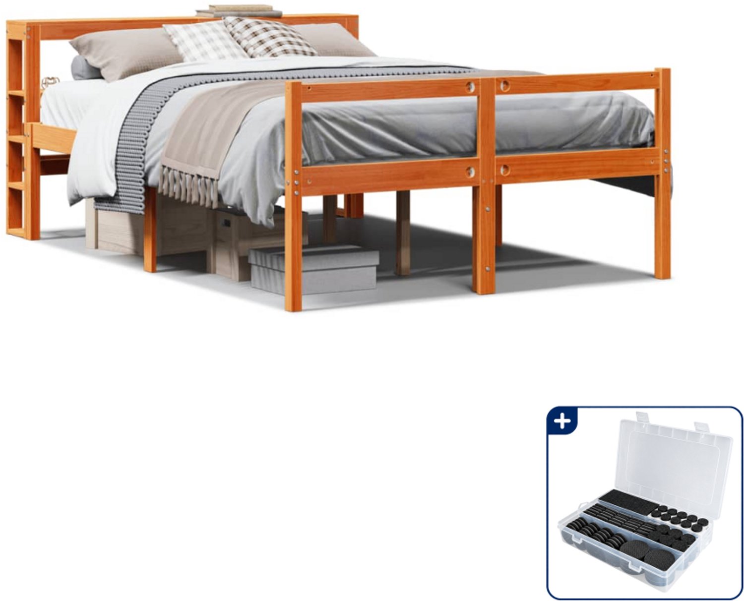 vidaXL Queensize bedframe met hoofdbord - 160 x 200 cm - wasbruin - Inclusief antikrasvilt 177-delig