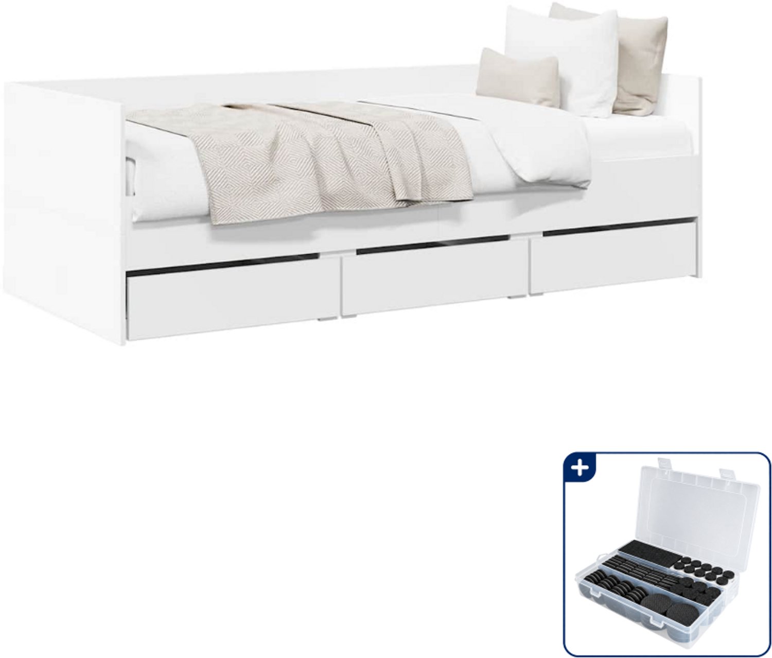 vidaXL slaapbank met 3 lades - 90 x 190 cm - bewerkt hout - wit - Inclusief antikrasvilt 177-delig