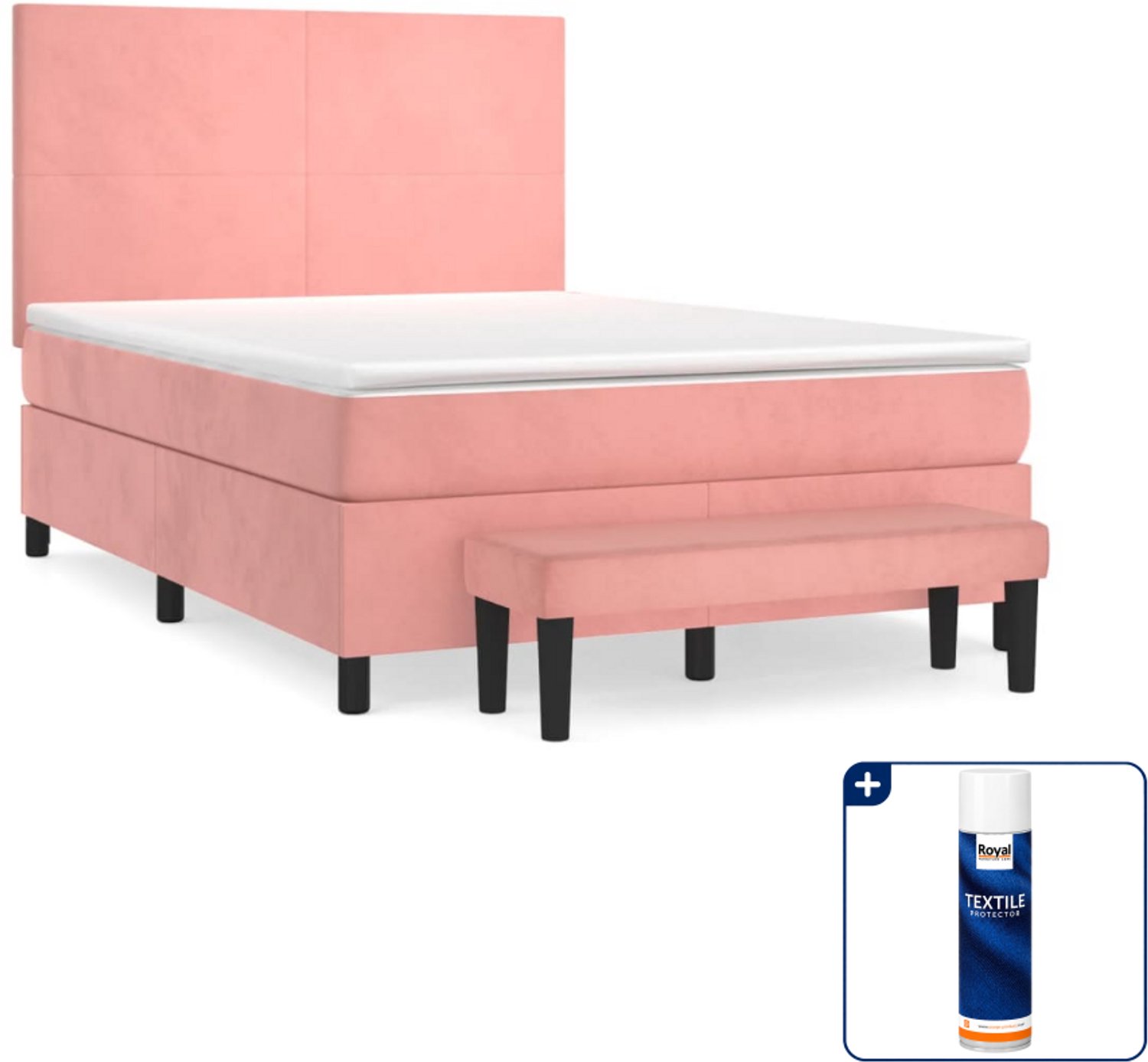 vidaXL boxspring met matras en bankje - 140 x 190 cm - fluweel - roze - Inclusief textielbeschermer 500 ml