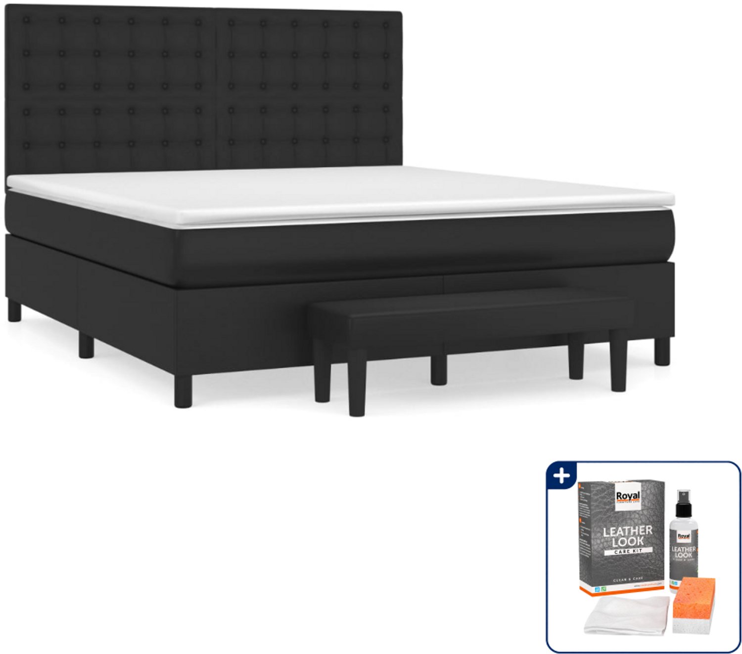 vidaXL Kingsize boxspring met matras en bank - 180x200 cm - zwart - Inclusief onderhoudsset voor kunstleer 150 ml