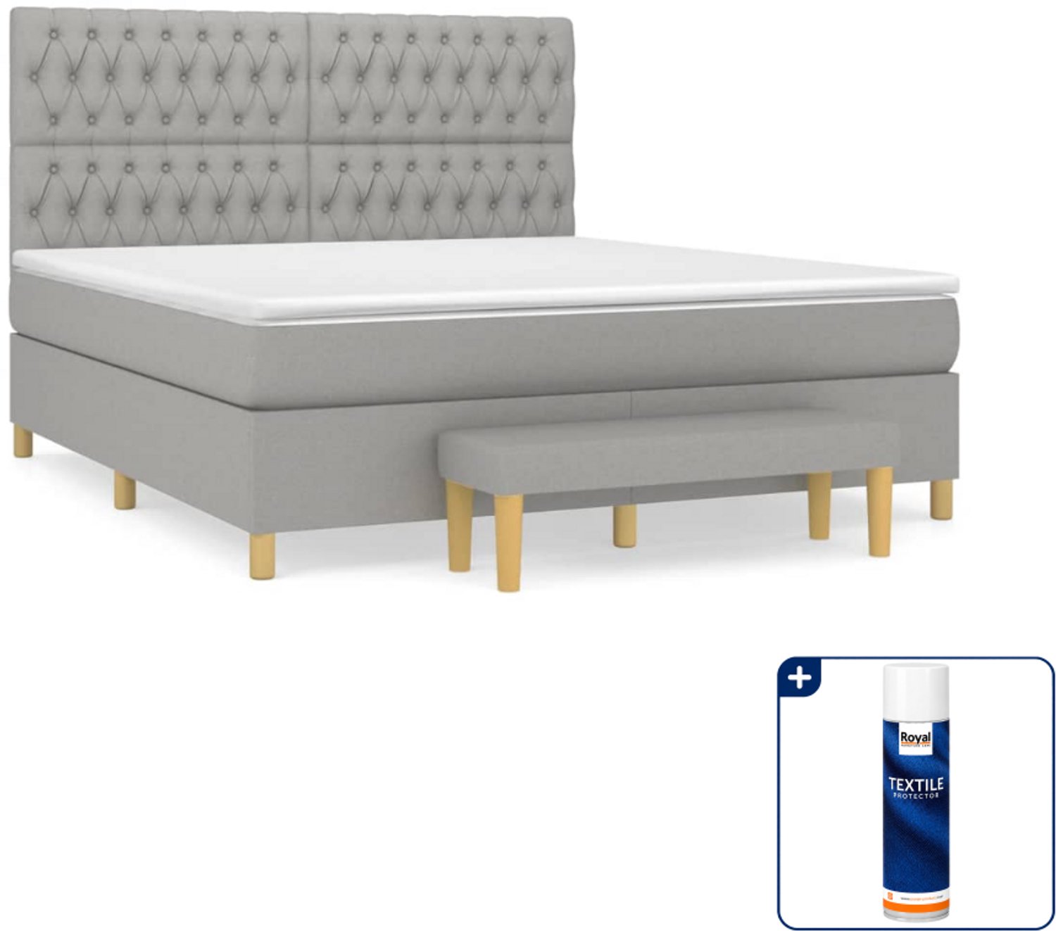 vidaXL boxspring met matras en bankje - Kingsize - 180 x 200 cm - lichtgrijs - Inclusief textielbeschermer 500 ml