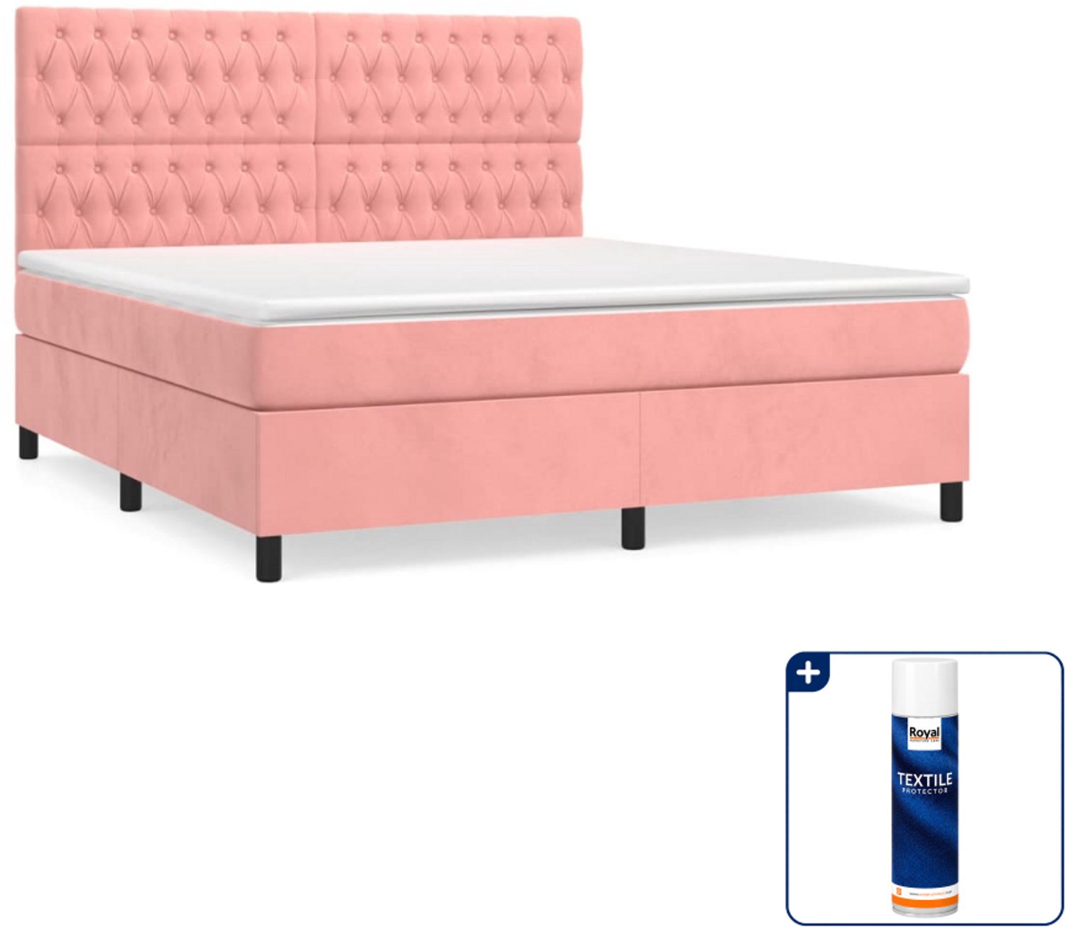 vidaXL Kingsize boxspring met matras - 180 x 200 cm - fluweel - roze - Inclusief textielbeschermer 500 ml