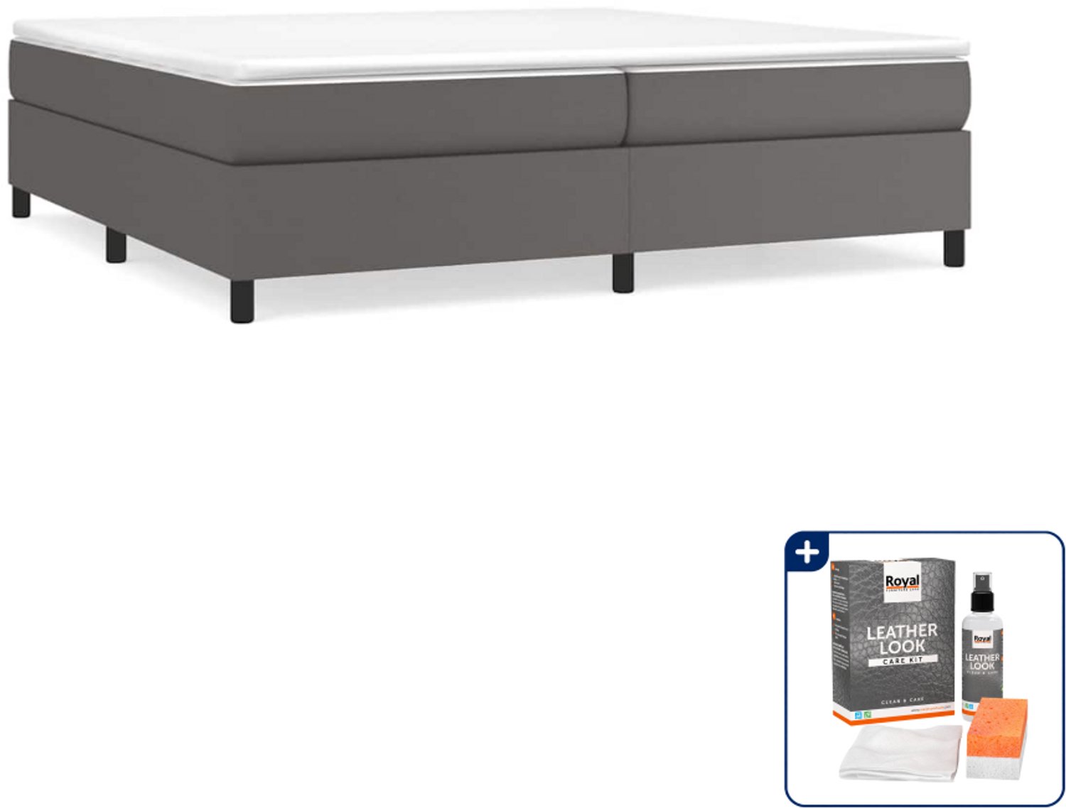 vidaXL Boxspring met matras - Super kingsize - 200 x 200 cm - grijs - Inclusief onderhoudsset voor kunstleer 150 ml Bruin