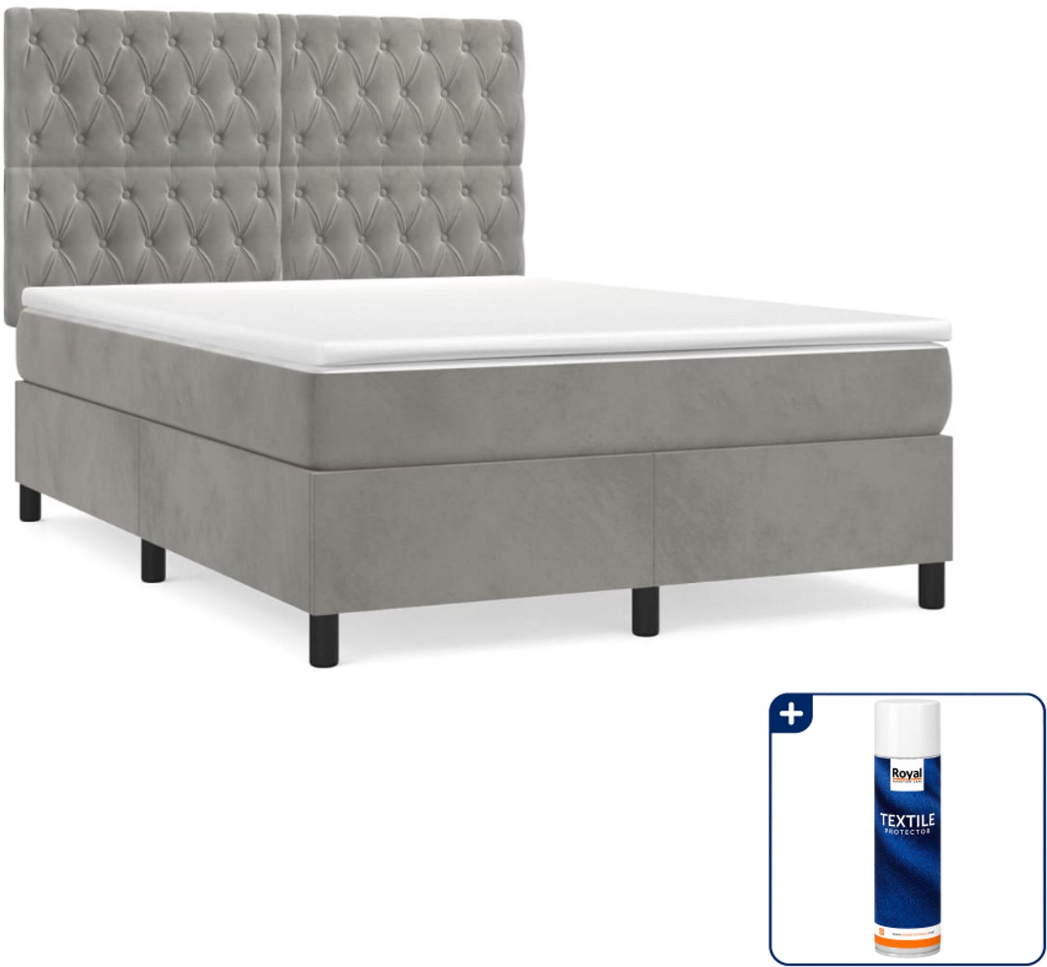 vidaXL Boxspring 140 x 190 cm - fluweel - lichtgrijs - Inclusief textielbeschermer 500 ml