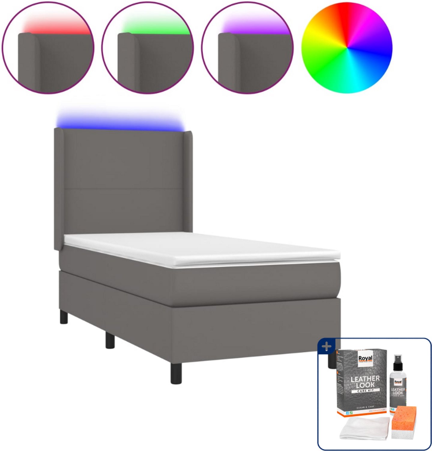 vidaXL boxspring met matras en LED - 90 x 200 cm - grijs - Inclusief onderhoudsset voor kunstleer 150 ml