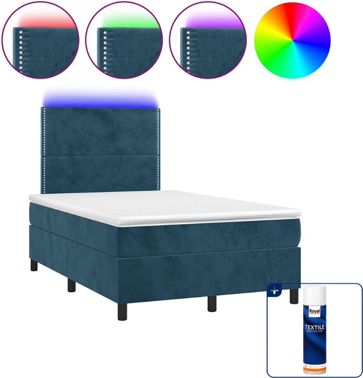 vidaXL Boxspring met matras en LED - 120 x 200 cm - fluweel - donkerblauw - Inclusief textielbeschermer 500 ml