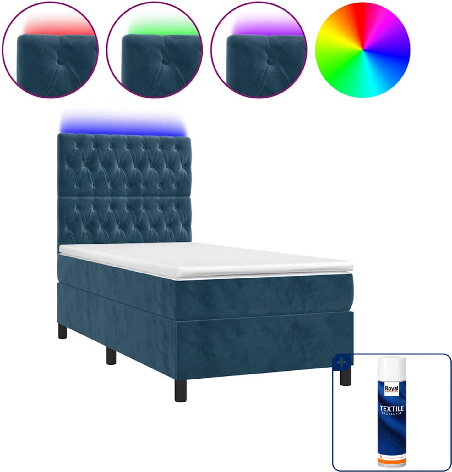 vidaXL boxspring met matras en led - 90 x 190 cm - fluweel - donkerblauw - Inclusief textielbeschermer 500 ml
