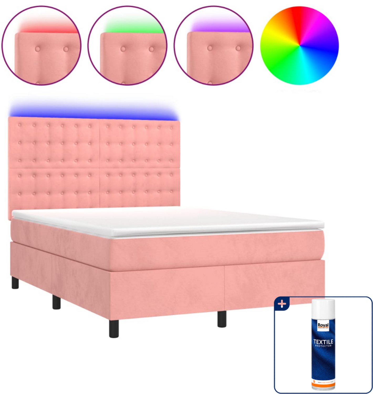 vidaXL boxspring met matras en LED - 140 x 190 cm - fluweel - roze - Inclusief textielbeschermer 500 ml