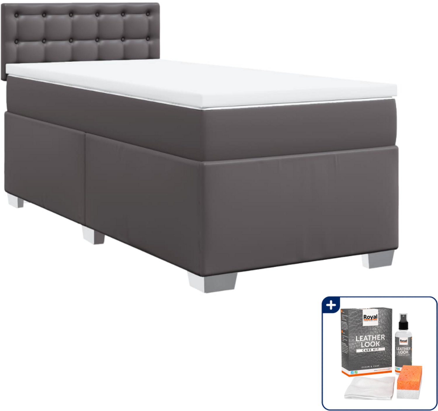 vidaXL boxspring met matras - 90 x 200 cm - kunstleer - grijs - Inclusief onderhoudsset voor kunstleer 150 ml