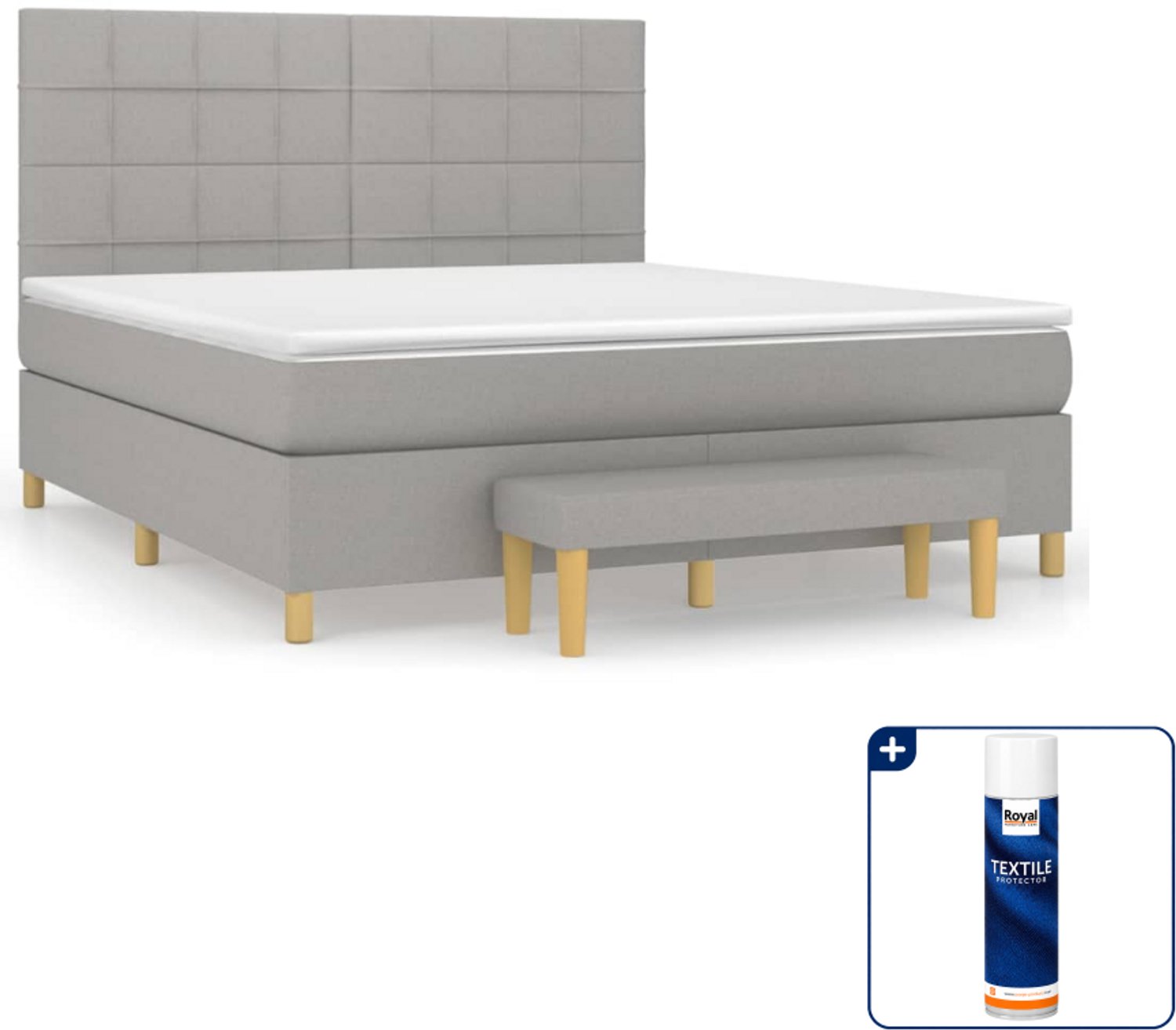 vidaXL boxspring met matras en bankje - Kingsize - lichtgrijs - Inclusief textielbeschermer 500 ml