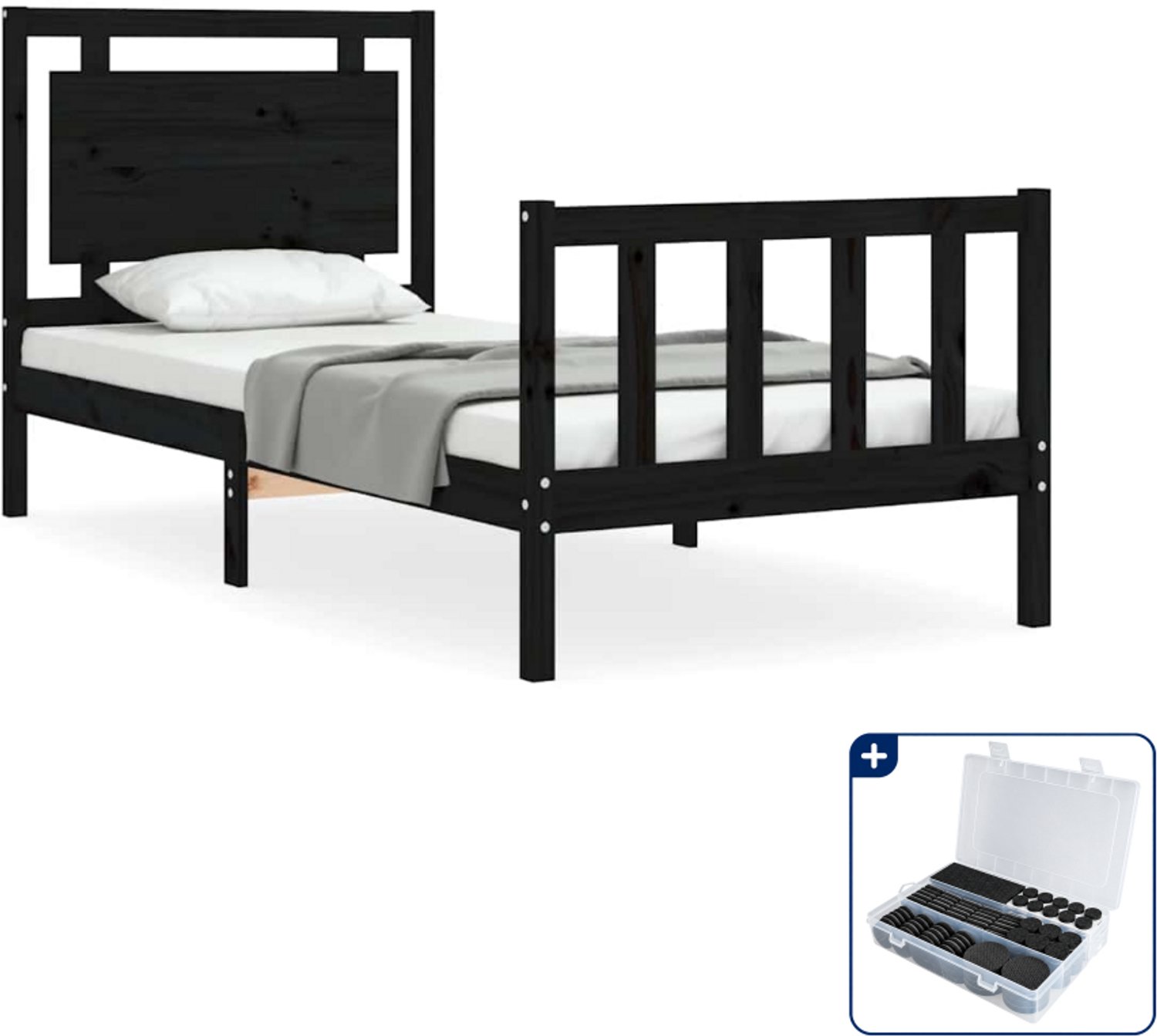 vidaXL bedframe met hoofdbord - 75 x 190 cm - massief grenenhout - zwart - Inclusief antikrasvilt 177-delig