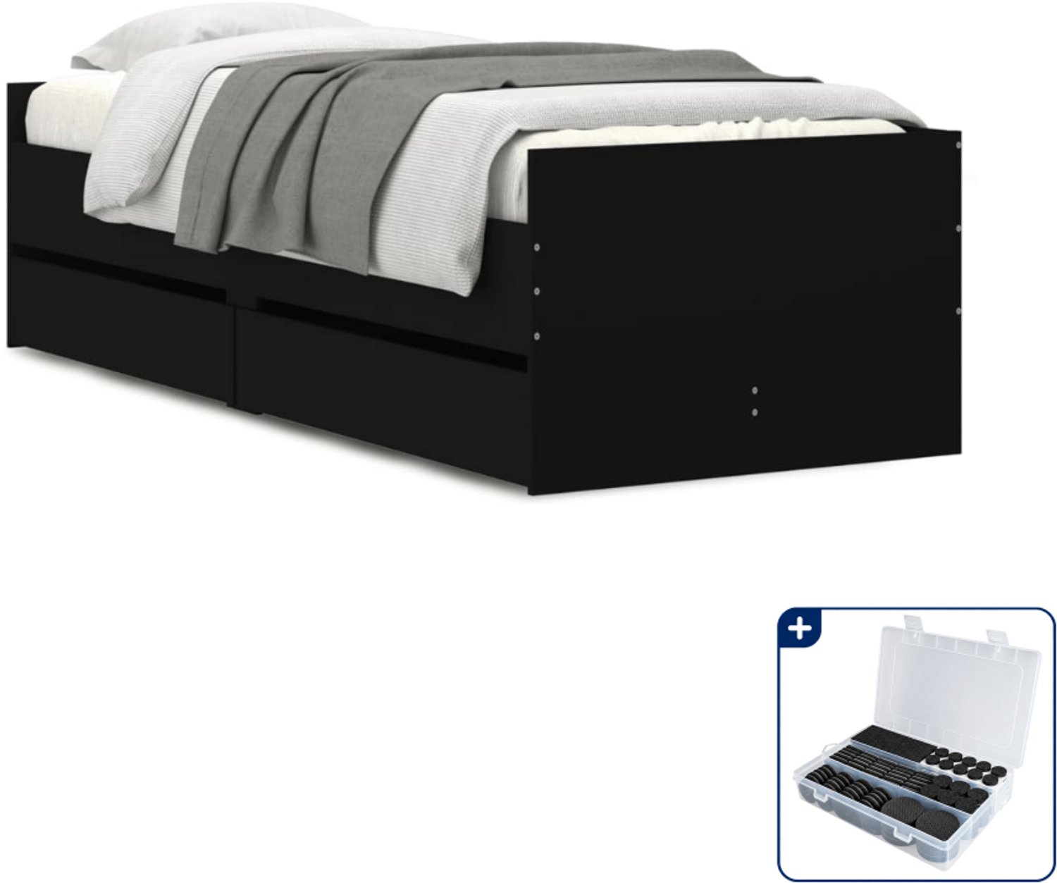 vidaXL bedframe met lades - 75 x 190 cm - bewerkt hout - zwart - Inclusief antikrasvilt 177-delig Grijs