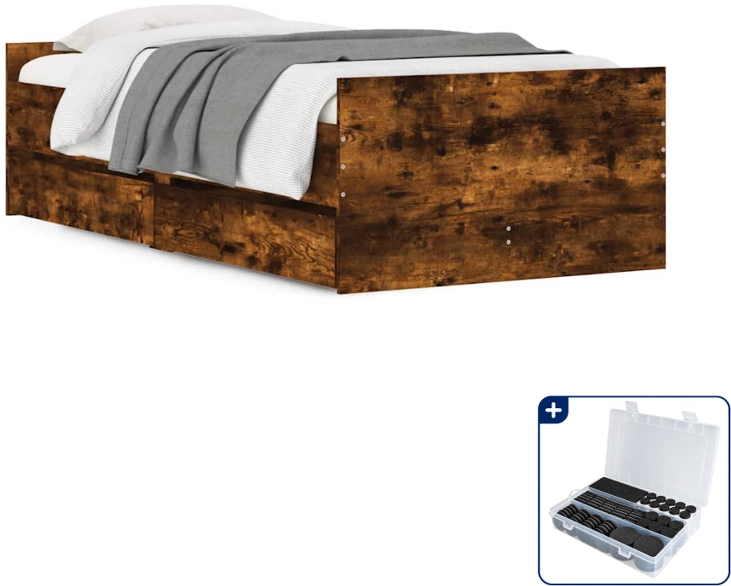 vidaXL bedframe met lades - 100 x 200 cm - bewerkt hout - gerookt eiken - Inclusief antikrasvilt 177-delig Zwart