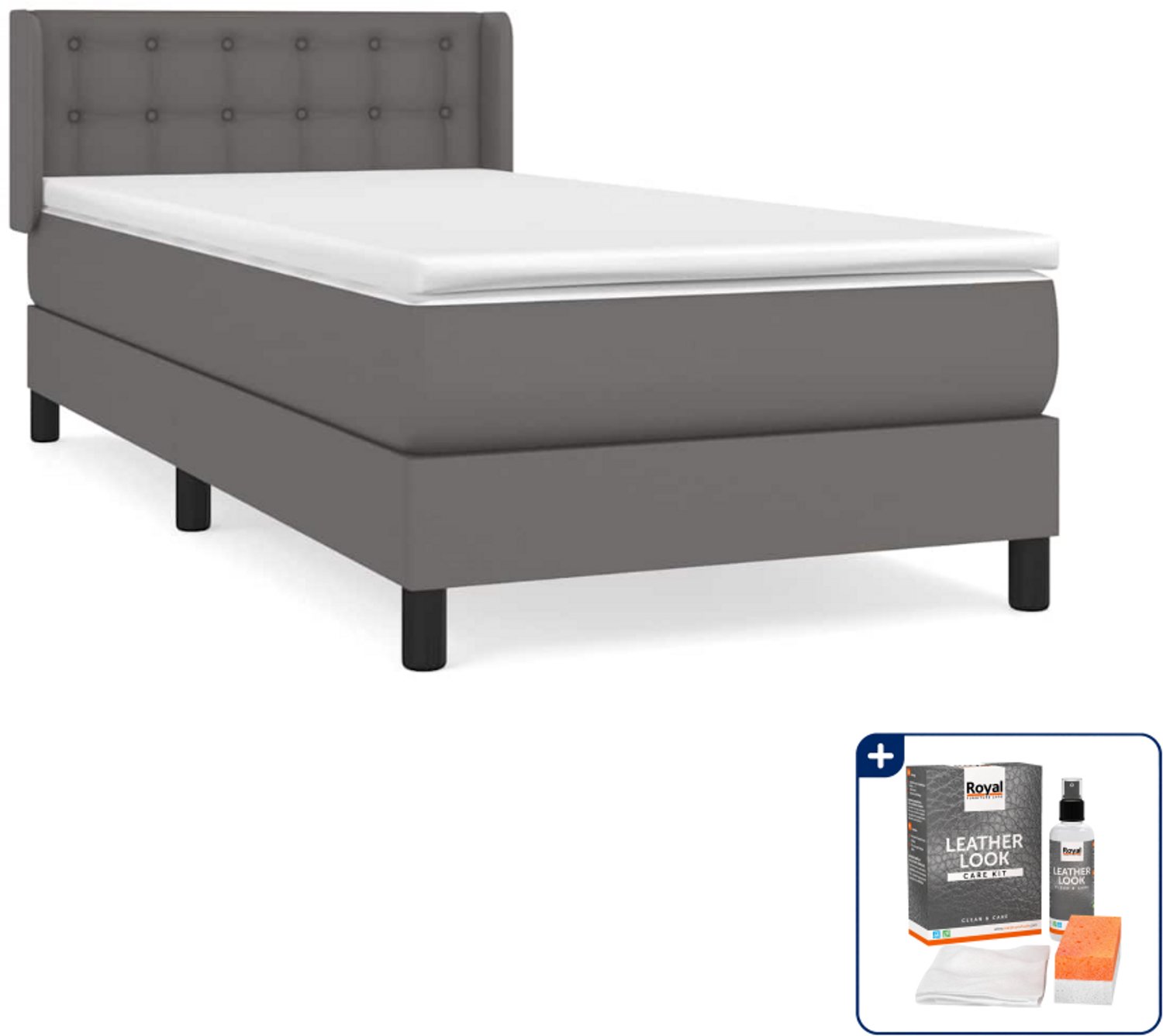 vidaXL boxspring met matras - 90 x 190 cm - kunstleer - grijs - Inclusief onderhoudsset voor kunstleer 150 ml