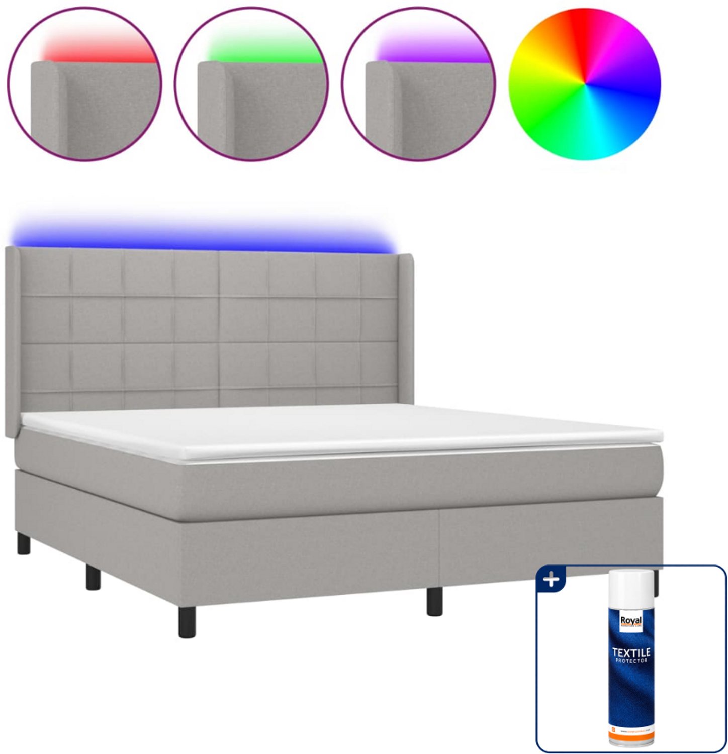 vidaXL Kingsize boxspring met matras en LED - 180 x 200 cm - grijs - Inclusief textielbeschermer 500 ml