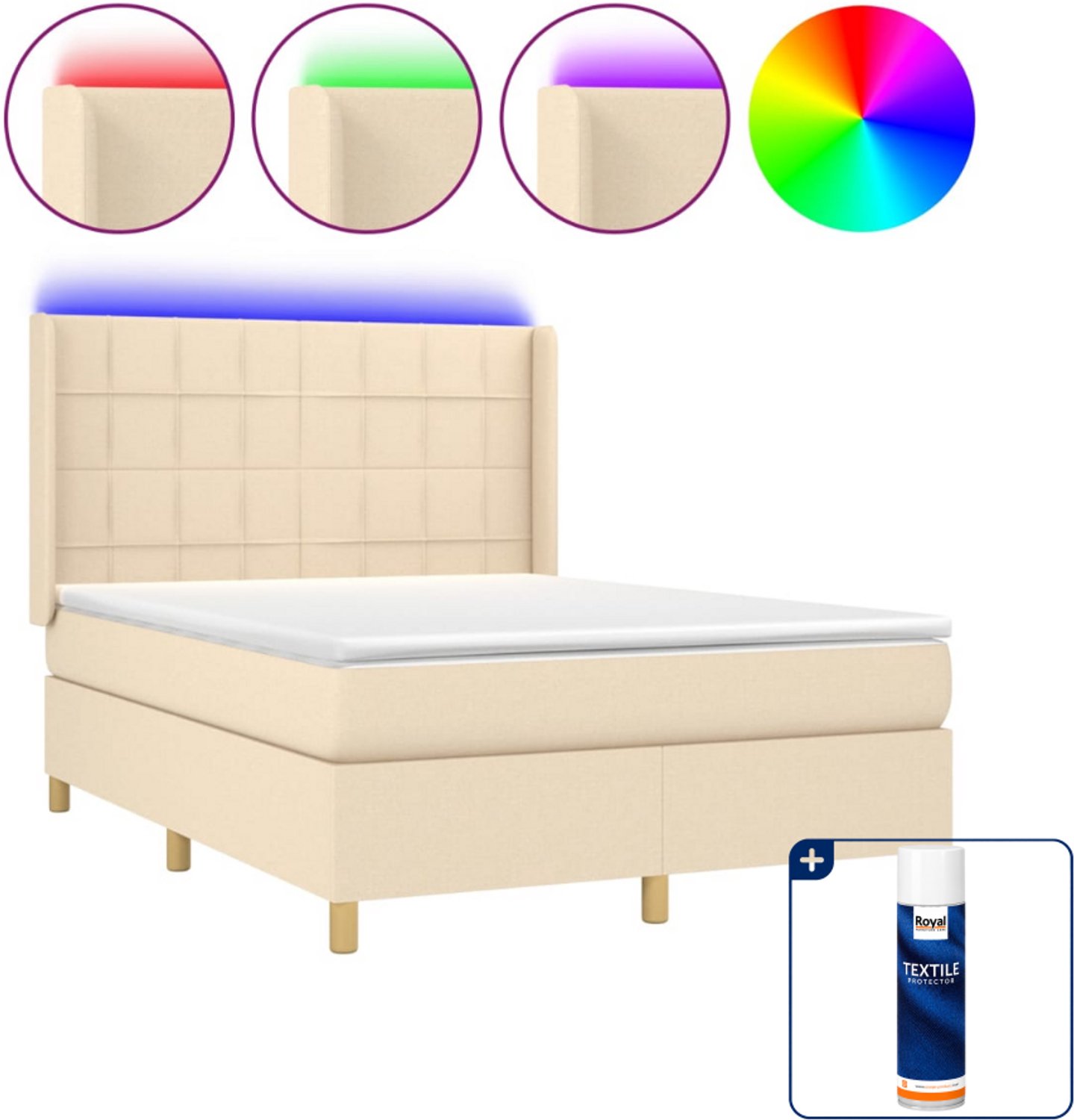vidaXL Small double boxspring met matras en LED - 140 x 200 cm - crème - Inclusief textielbeschermer 500 ml