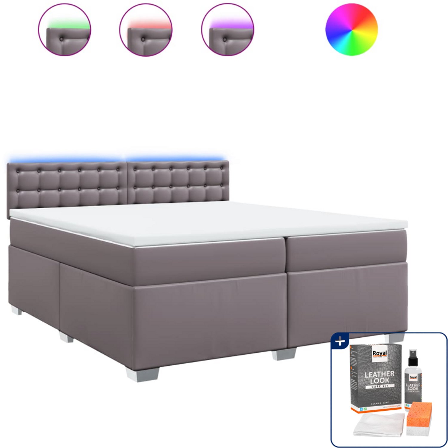 vidaXL boxspring met matras - super kingsize - 200 x 200 cm - grijs - Inclusief onderhoudsset voor kunstleer 150 ml