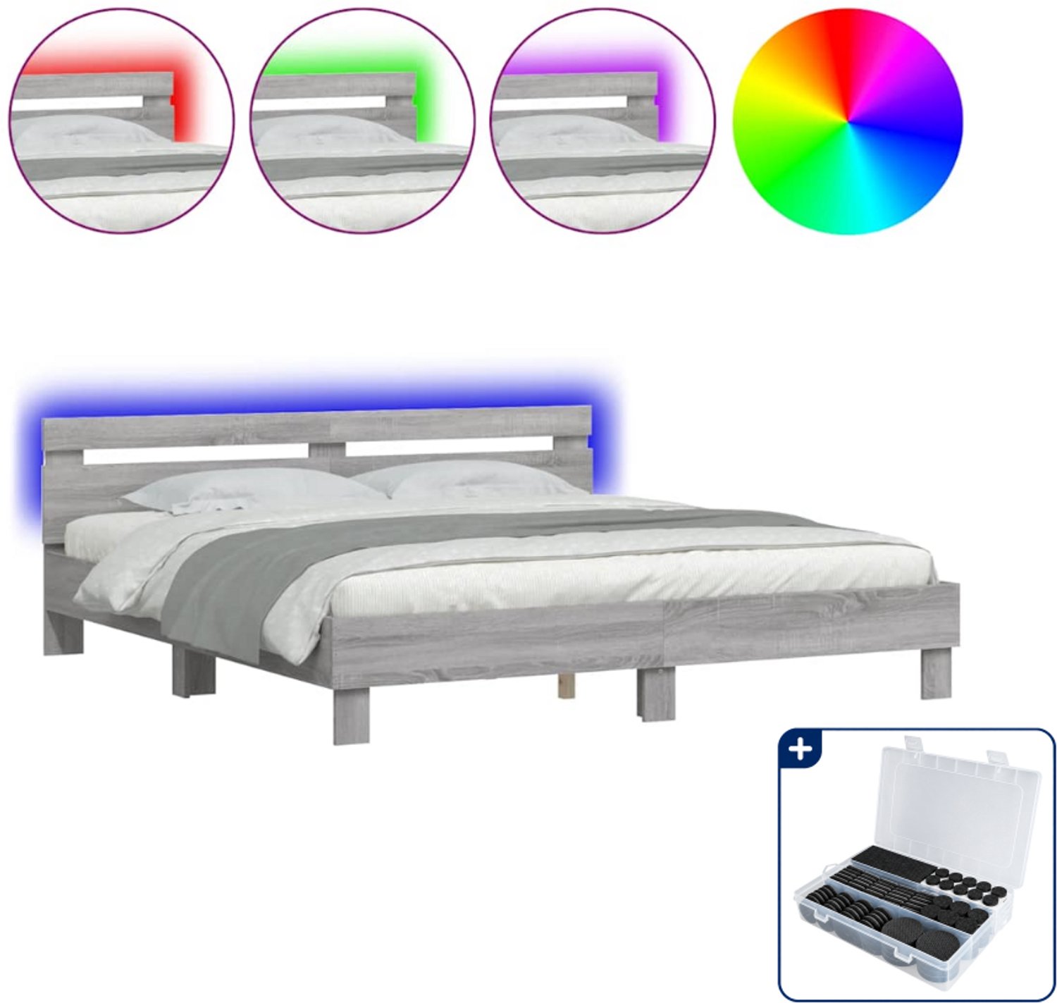 vidaXL Queensize bedframe met LED - 160 x 200 cm - grijs sonoma - Inclusief antikrasvilt 177-delig Bruin