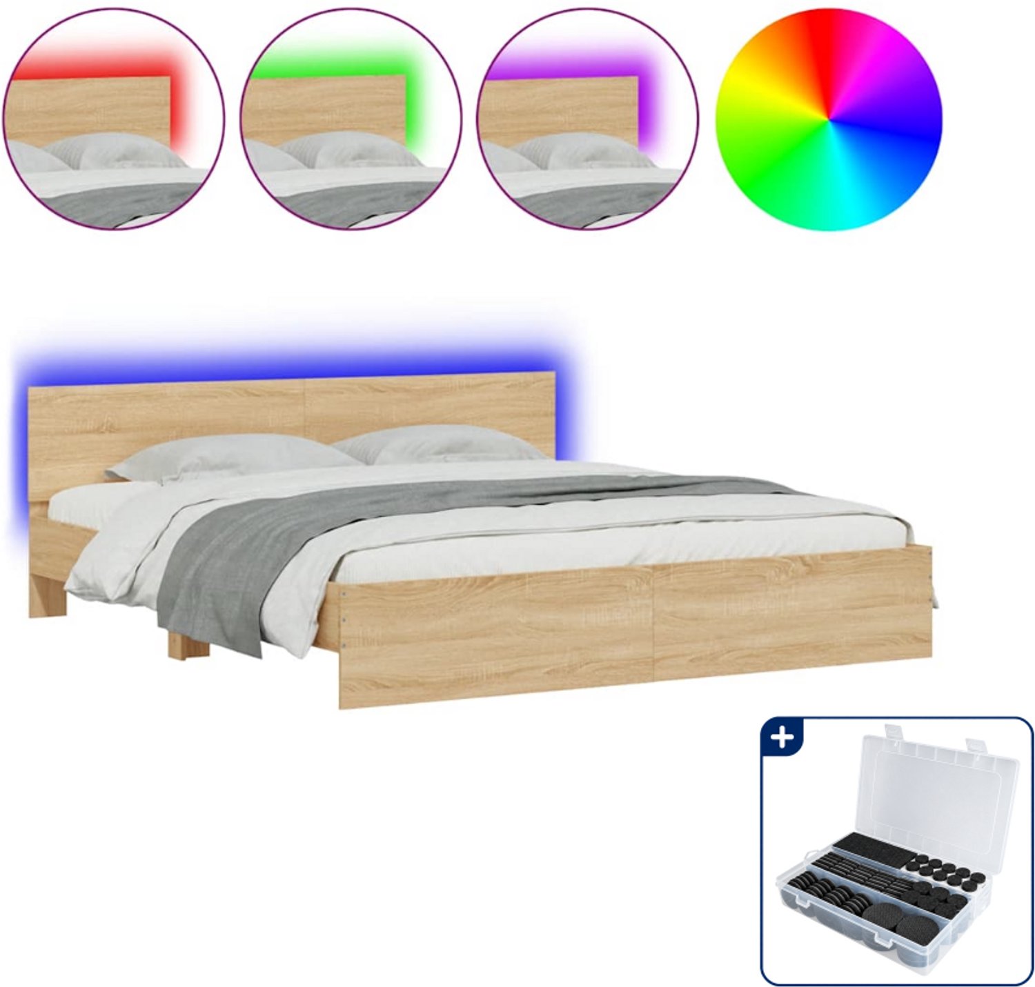 vidaXL bedframe met LED - 200 x 200 cm - sonoma eikenkleurig - Inclusief antikrasvilt 177-delig Grijs