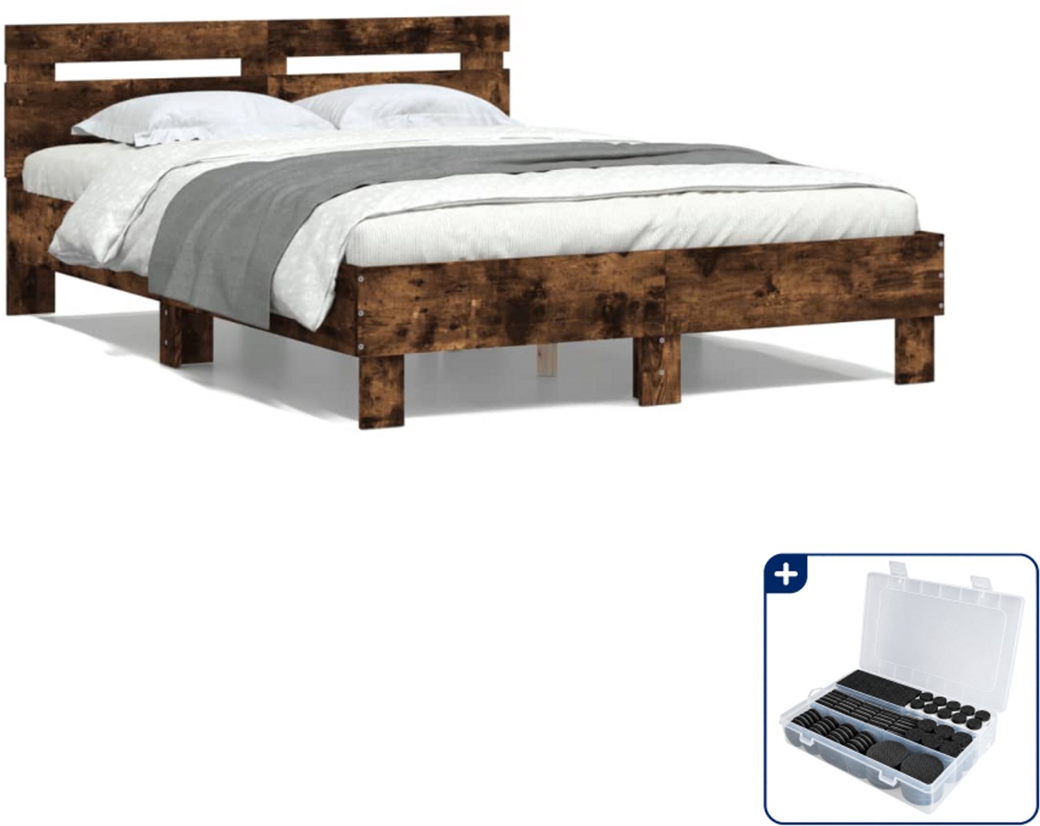 vidaXL bedframe met hoofdeinde 135 x 190 cm - bewerkt hout - gerookt eiken - Inclusief antikrasvilt 177-delig