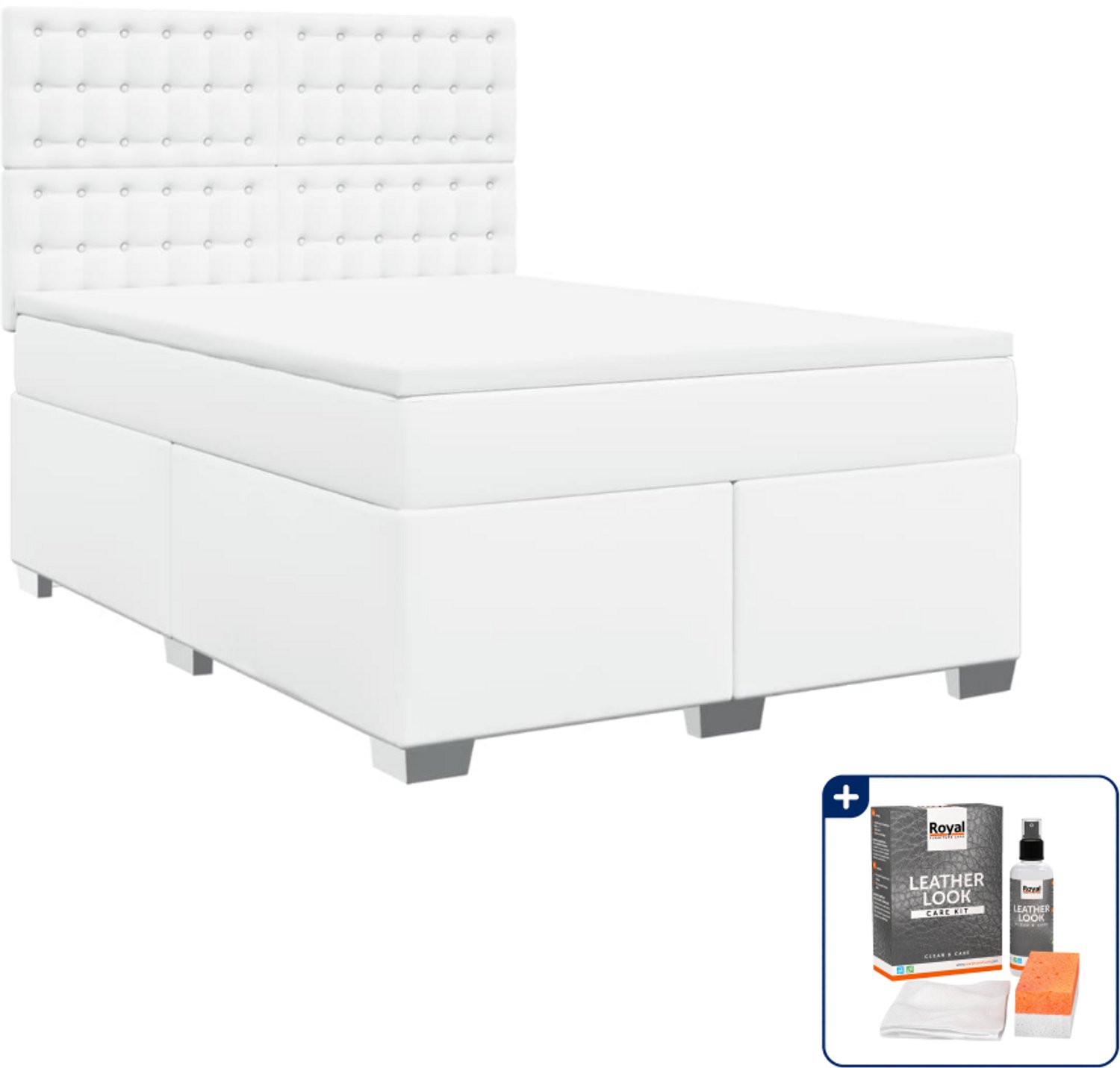 vidaXL Boxspring - Small double - 140 x 200 cm - wit - Inclusief onderhoudsset voor kunstleer 150 ml