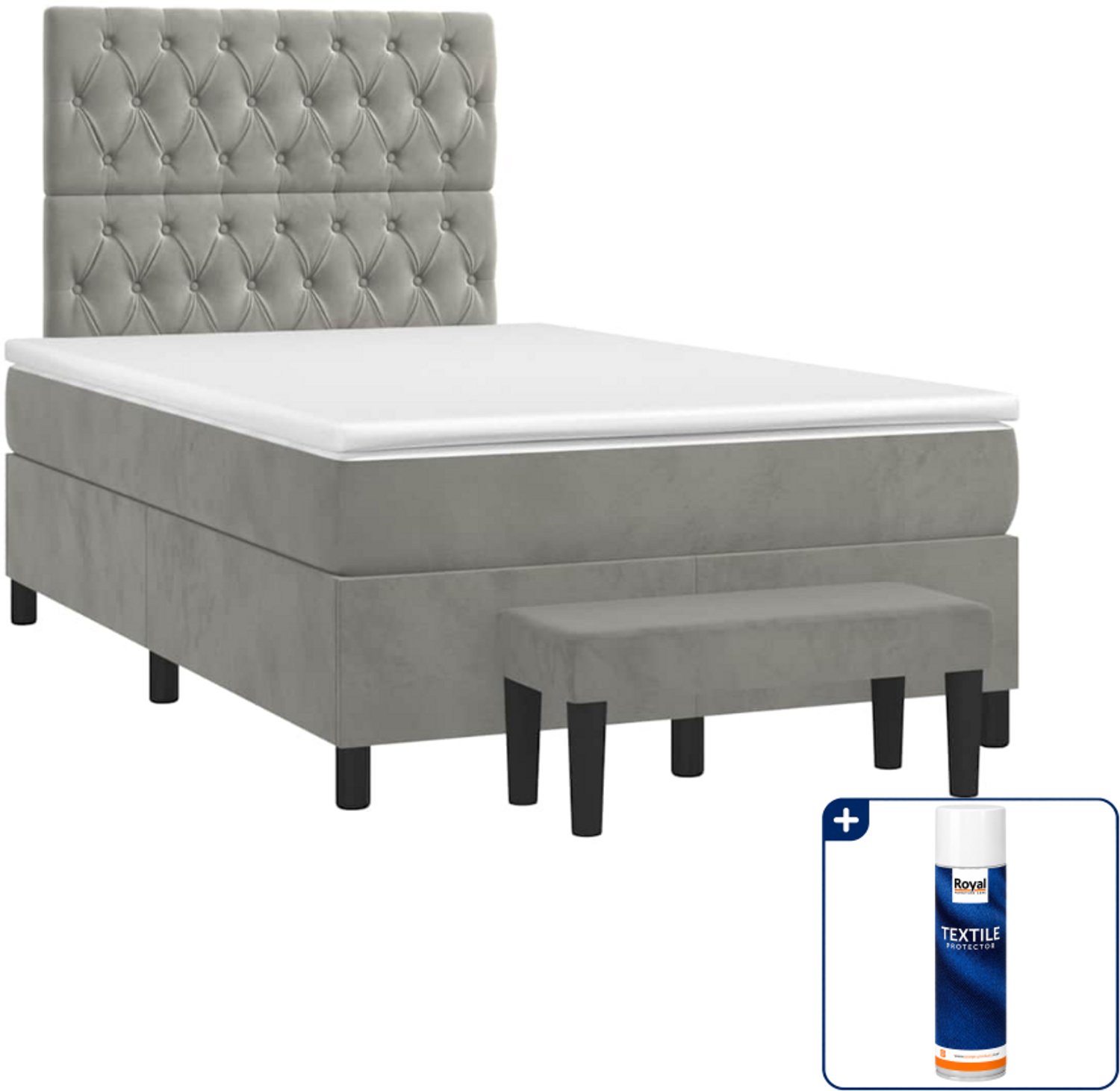 vidaXL boxspring met matras en bankje - 120 x 190 cm - fluweel - lichtgrijs - Inclusief textielbeschermer 500 ml
